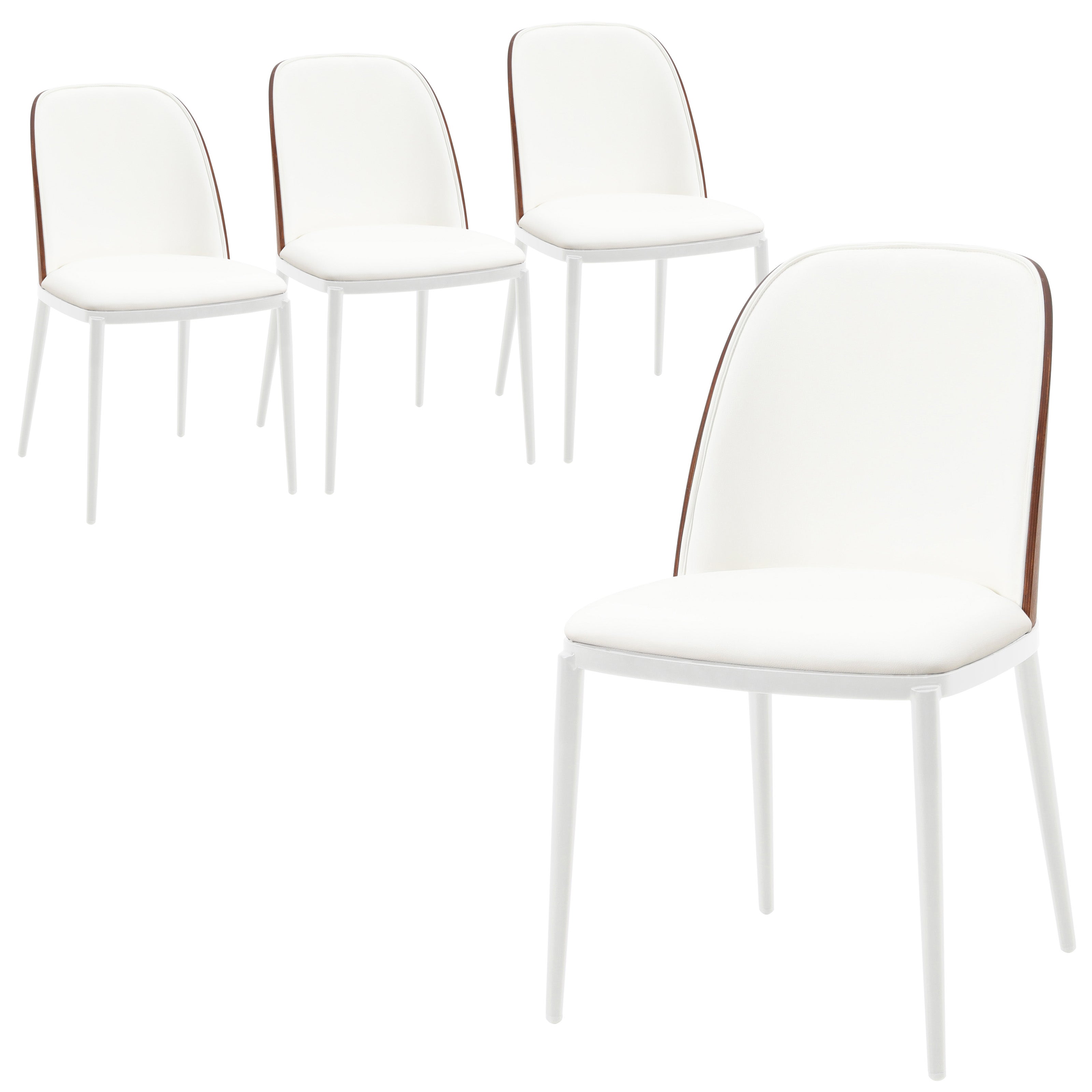 Tule Mid-Century Modern Dining Side Chair with Leather Seat and White Powder-Coated Steel Frame, Set of 4