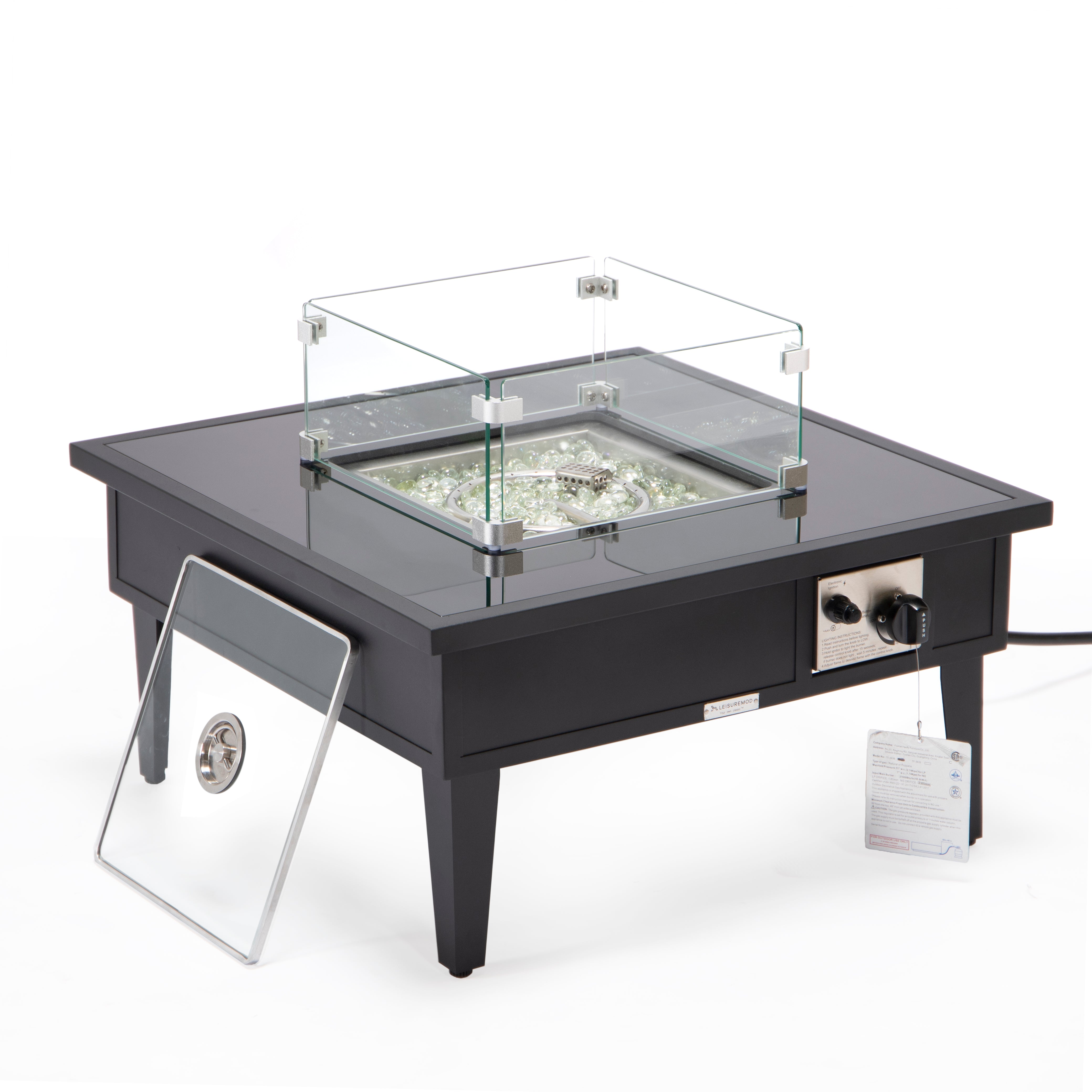 Walbrooke Outdoor Patio Aluminum Square Fire Pit Side Table with Lid and Fire Glass for Patio and Backyard Garden