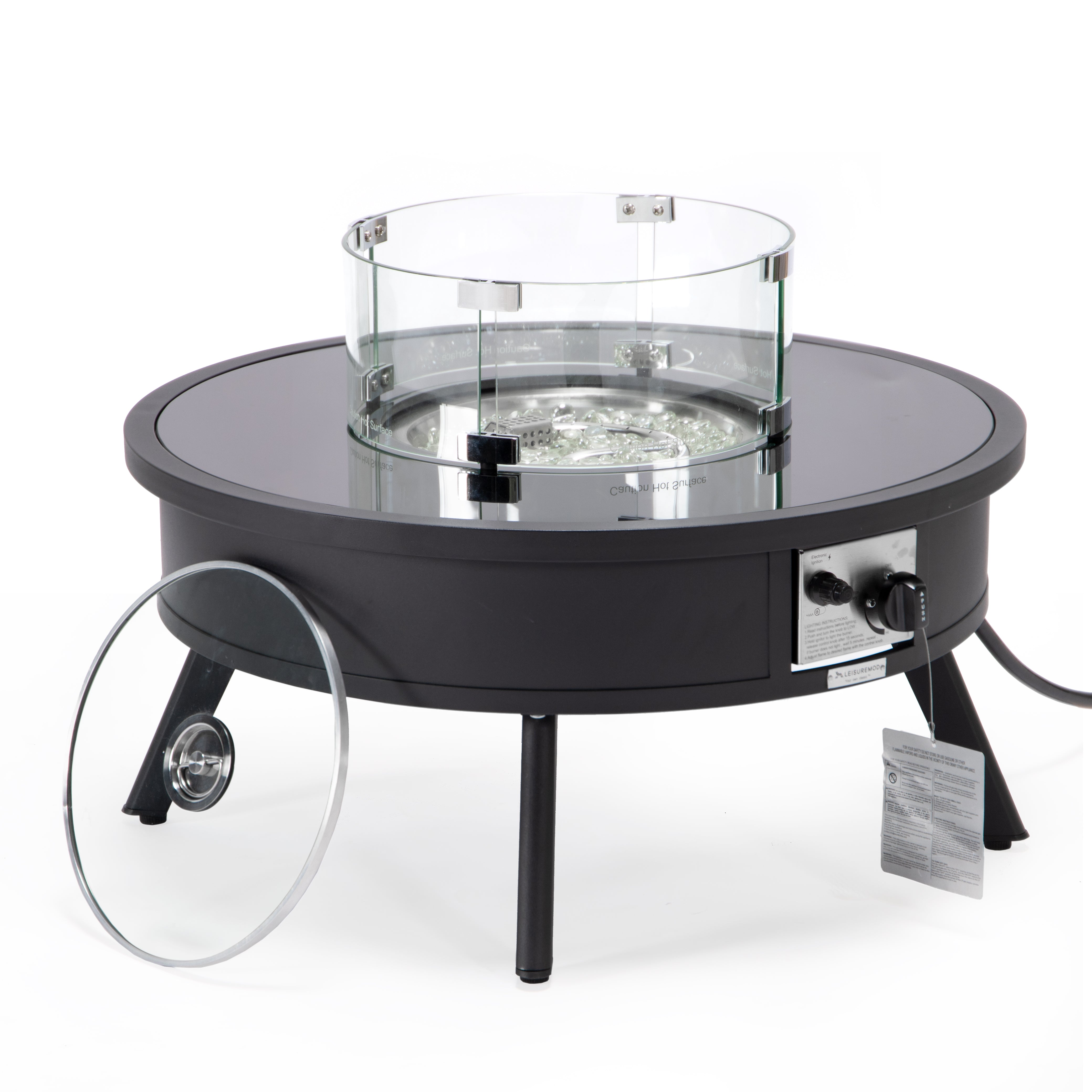 Walbrooke Outdoor Patio Aluminum Round Fire Pit Side Table with Lid and Fire Glass for Patio and Backyard Garden