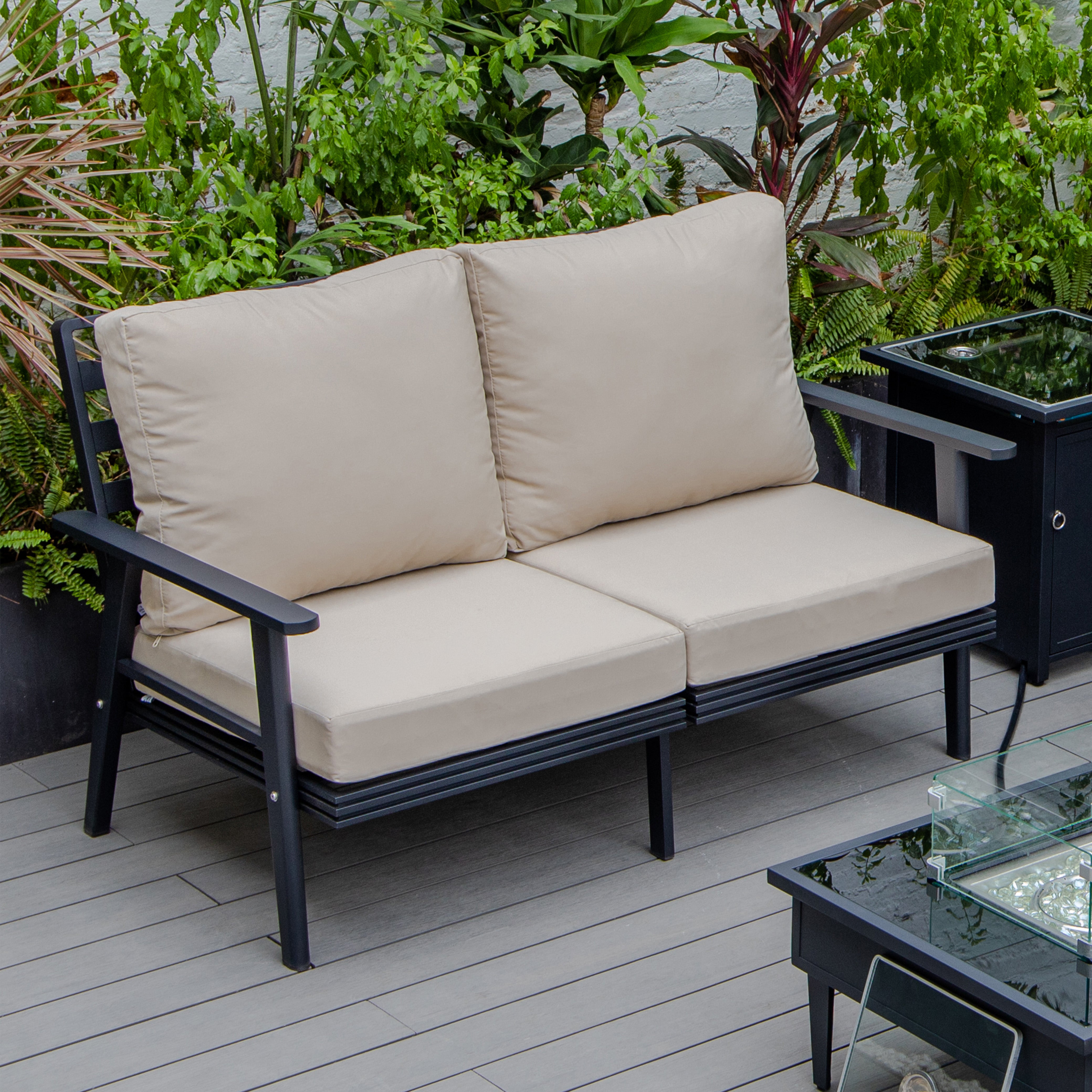 Walbrooke Modern Outdoor Patio Loveseat with Black Aluminum Frame and Removable Cushions For Patio and Backyard Garden