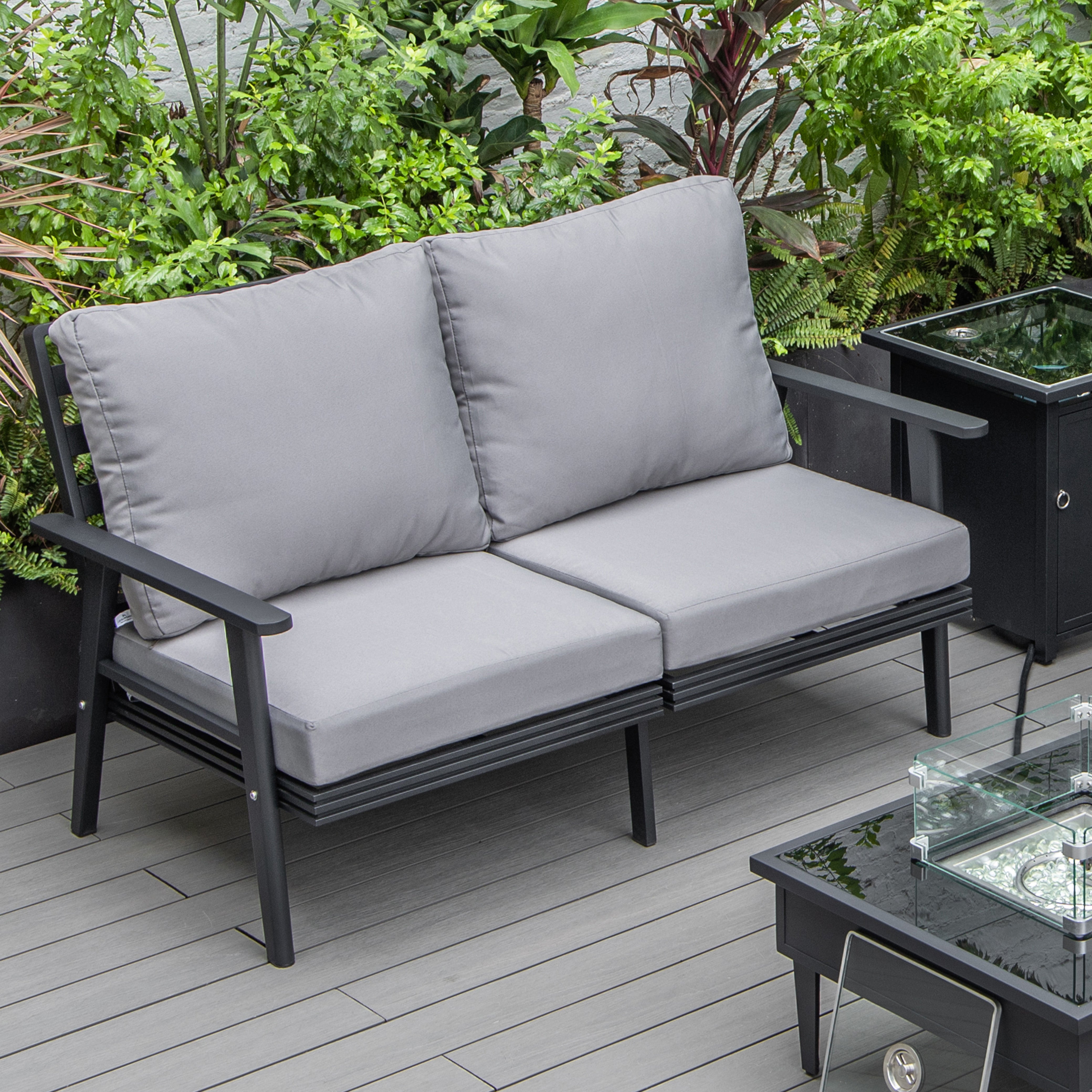 Walbrooke Modern Outdoor Patio Loveseat with Black Aluminum Frame and Removable Cushions For Patio and Backyard Garden