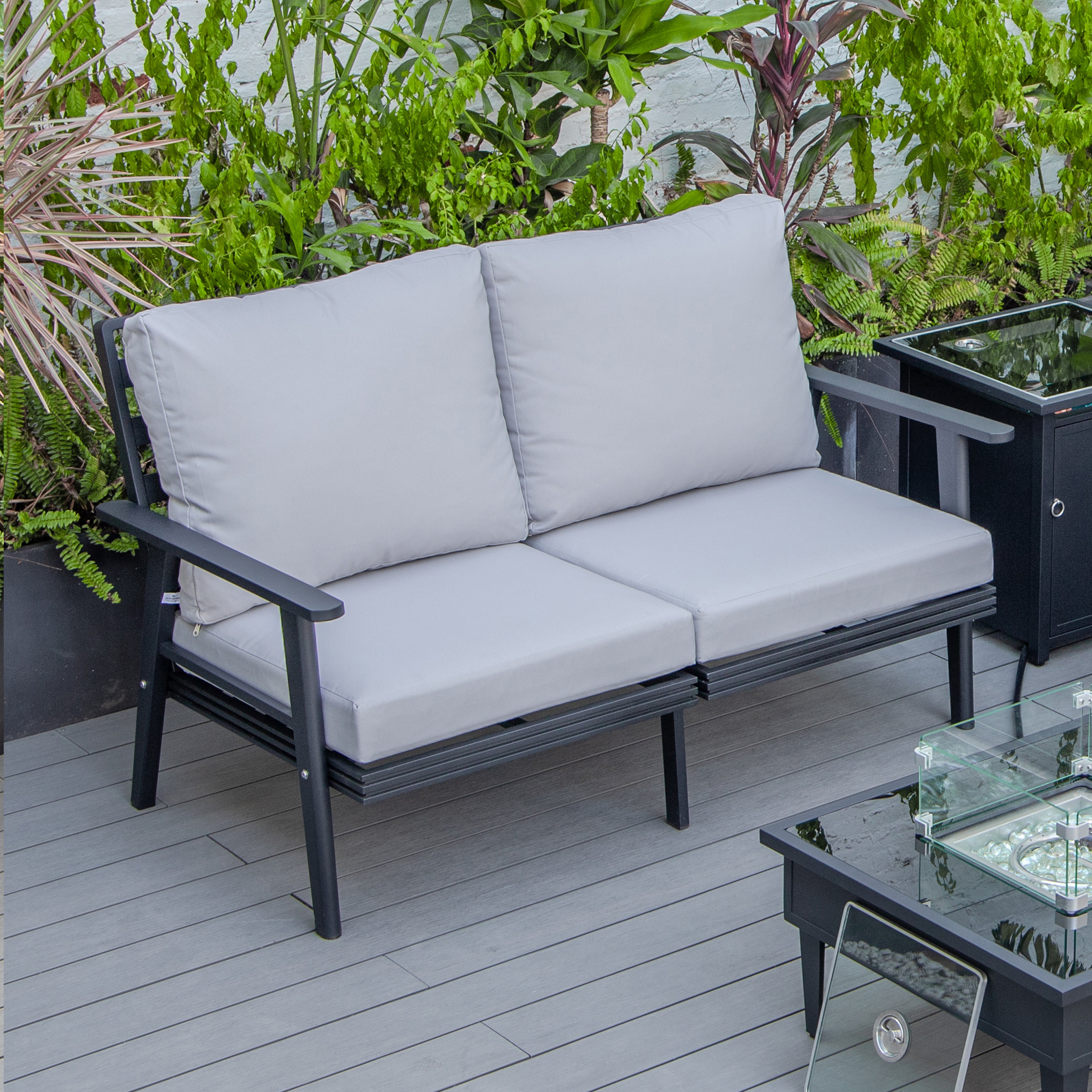 Walbrooke Modern Outdoor Patio Loveseat with Black Aluminum Frame and Removable Cushions For Patio and Backyard Garden