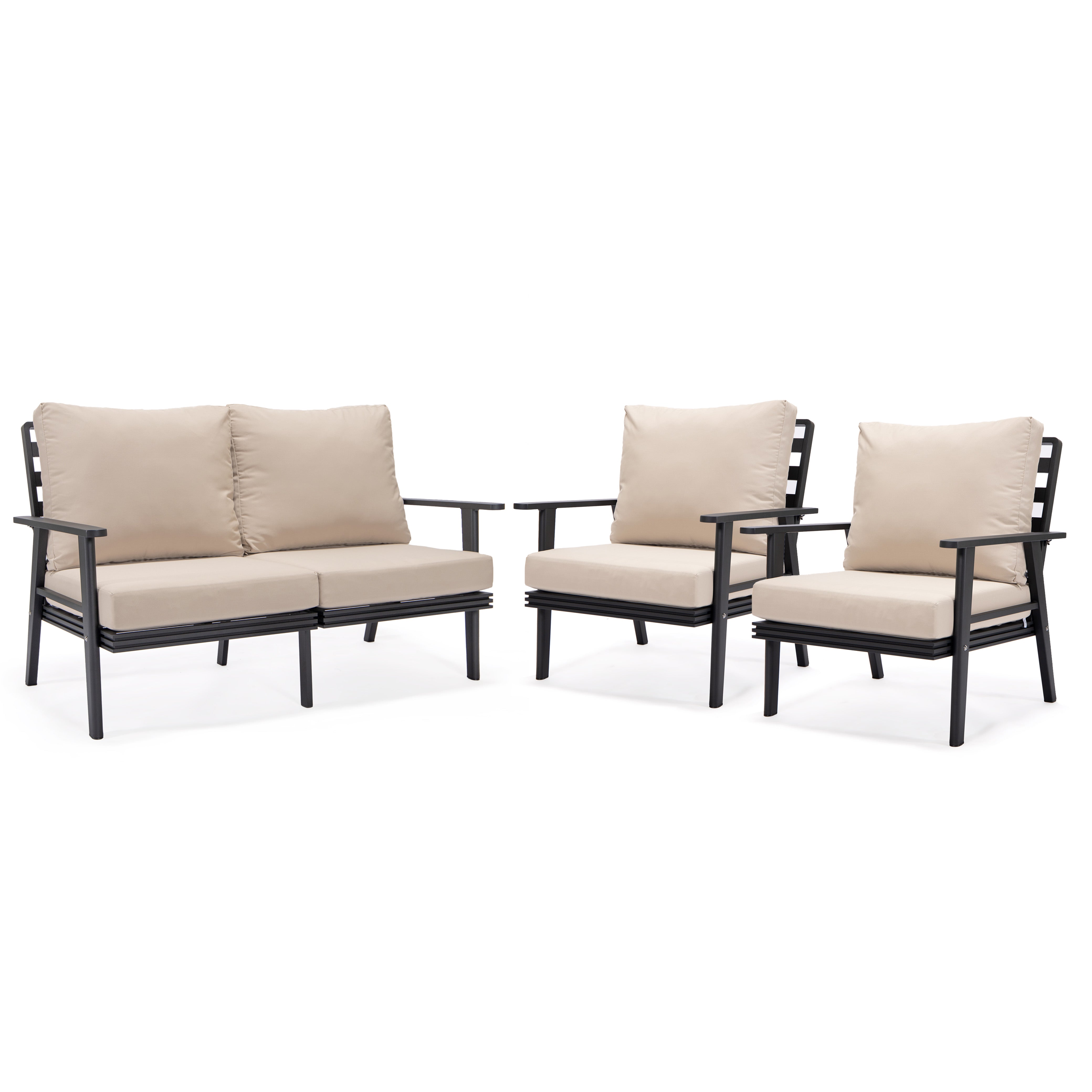 Walbrooke Modern 3-Piece Outdoor Patio Set with Black Aluminum Frame and Removable Cushions Loveseat and Armchairs for Patio and Backyard Garden