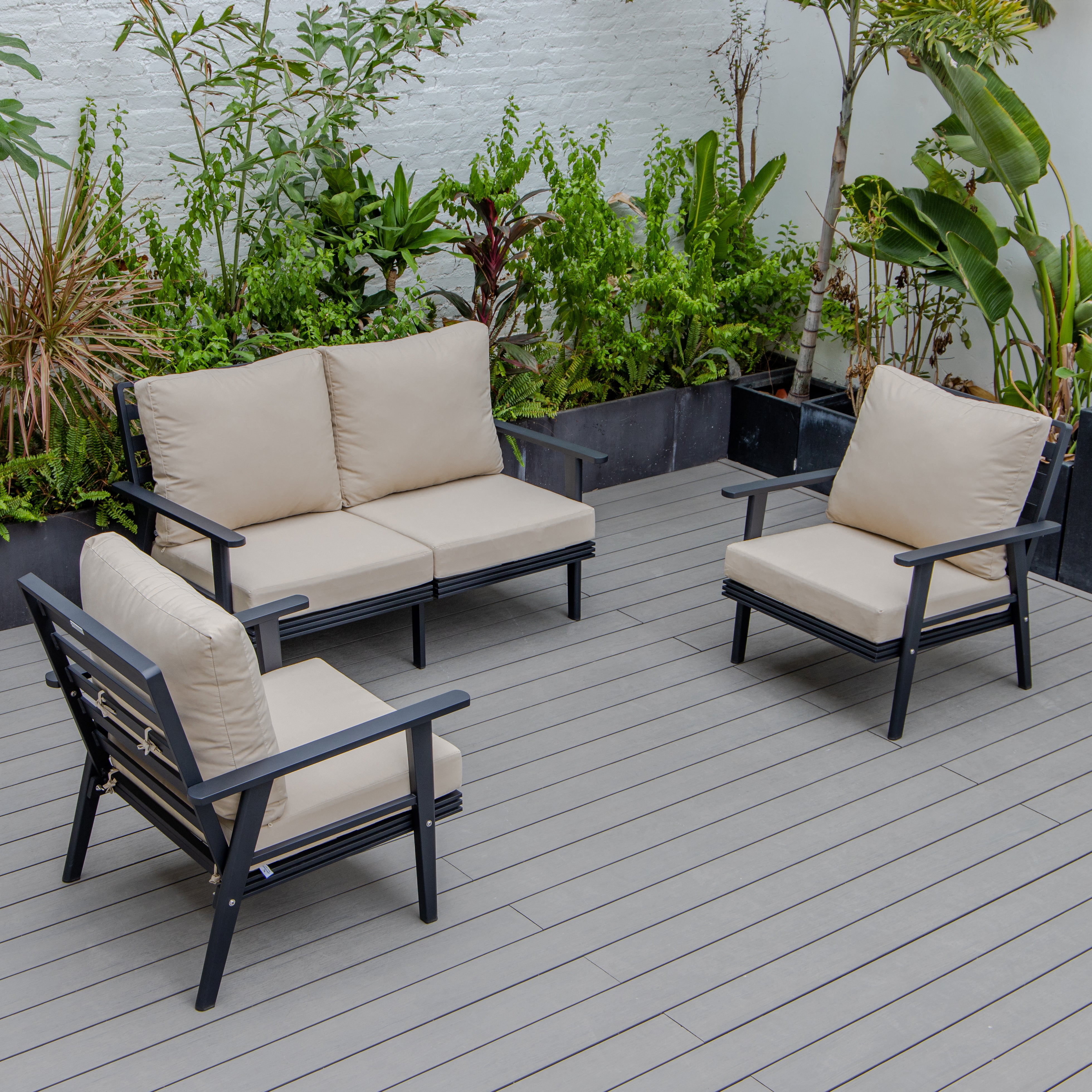 Walbrooke Modern 3-Piece Outdoor Patio Set with Black Aluminum Frame and Removable Cushions Loveseat and Armchairs for Patio and Backyard Garden