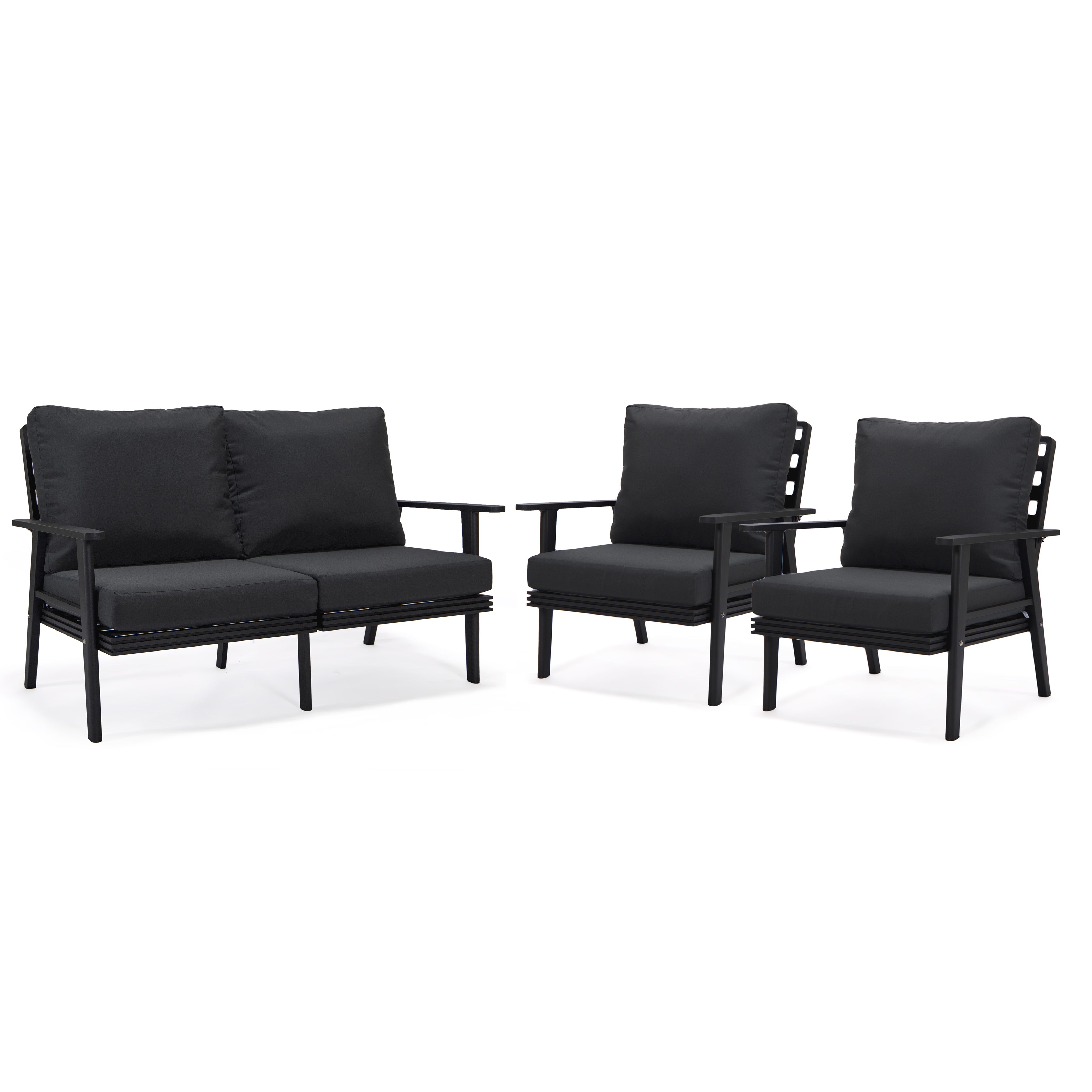 Walbrooke Modern 3-Piece Outdoor Patio Set with Black Aluminum Frame and Removable Cushions Loveseat and Armchairs for Patio and Backyard Garden