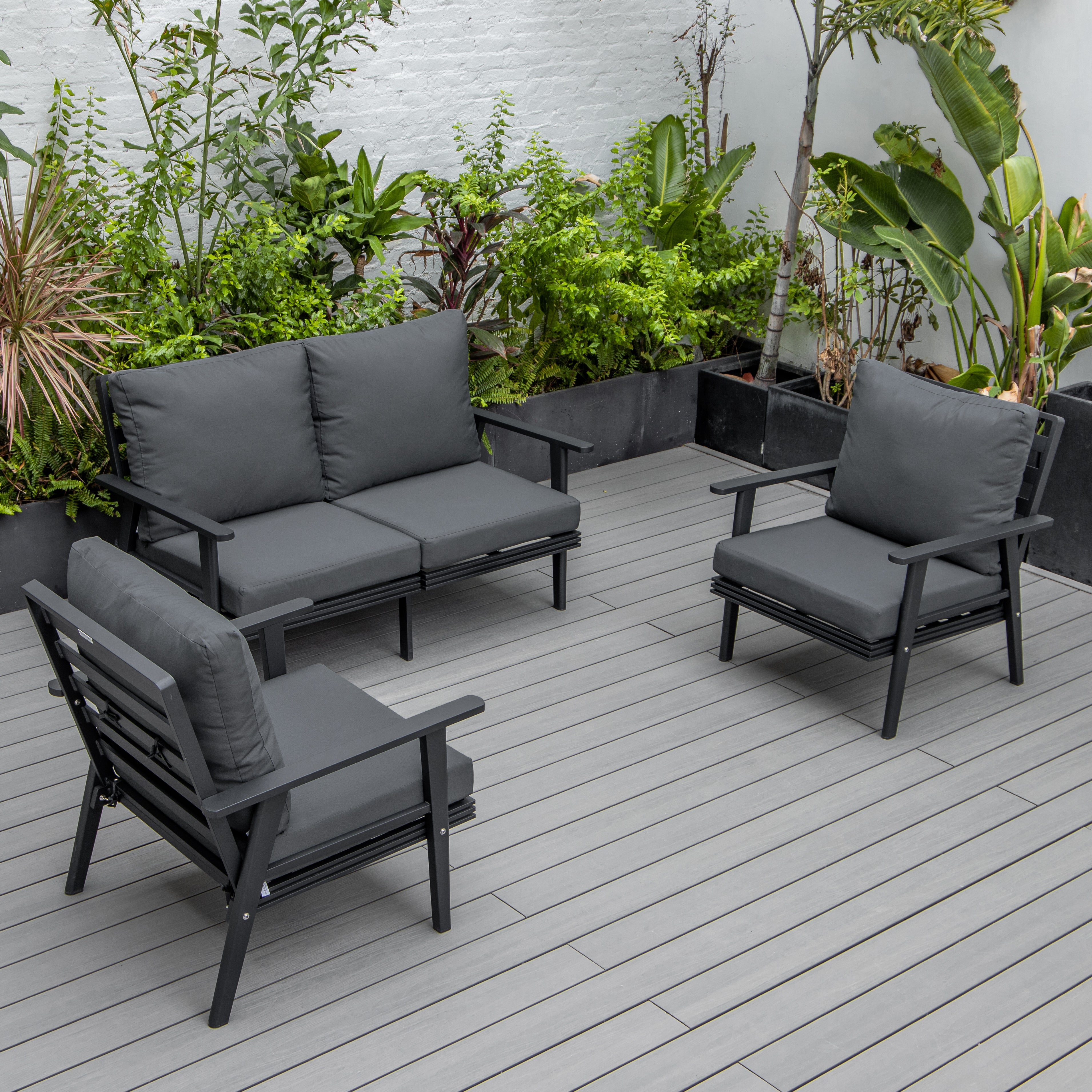 Walbrooke Modern 3-Piece Outdoor Patio Set with Black Aluminum Frame and Removable Cushions Loveseat and Armchairs for Patio and Backyard Garden