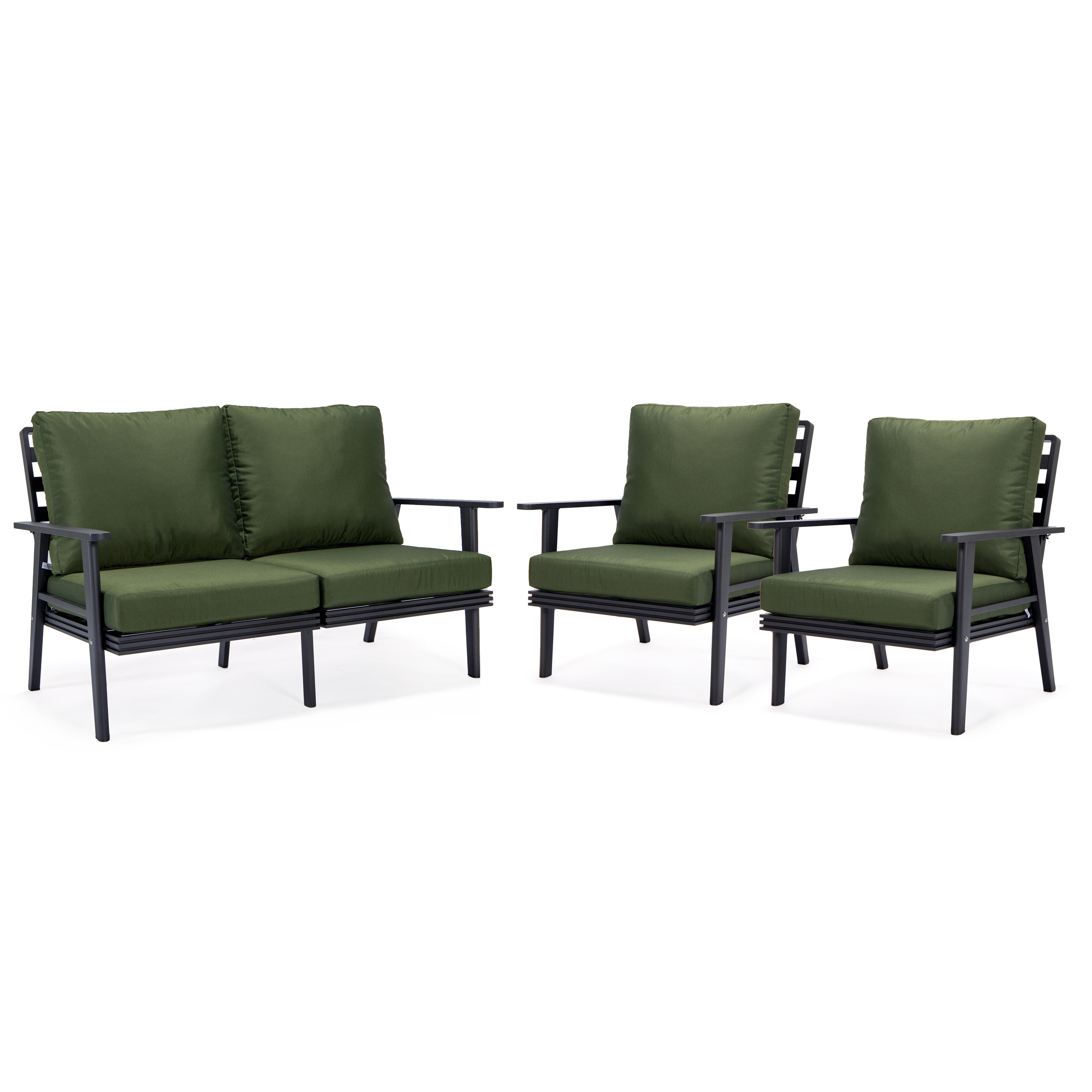 Walbrooke Modern 3-Piece Outdoor Patio Set with Black Aluminum Frame and Removable Cushions Loveseat and Armchairs for Patio and Backyard Garden