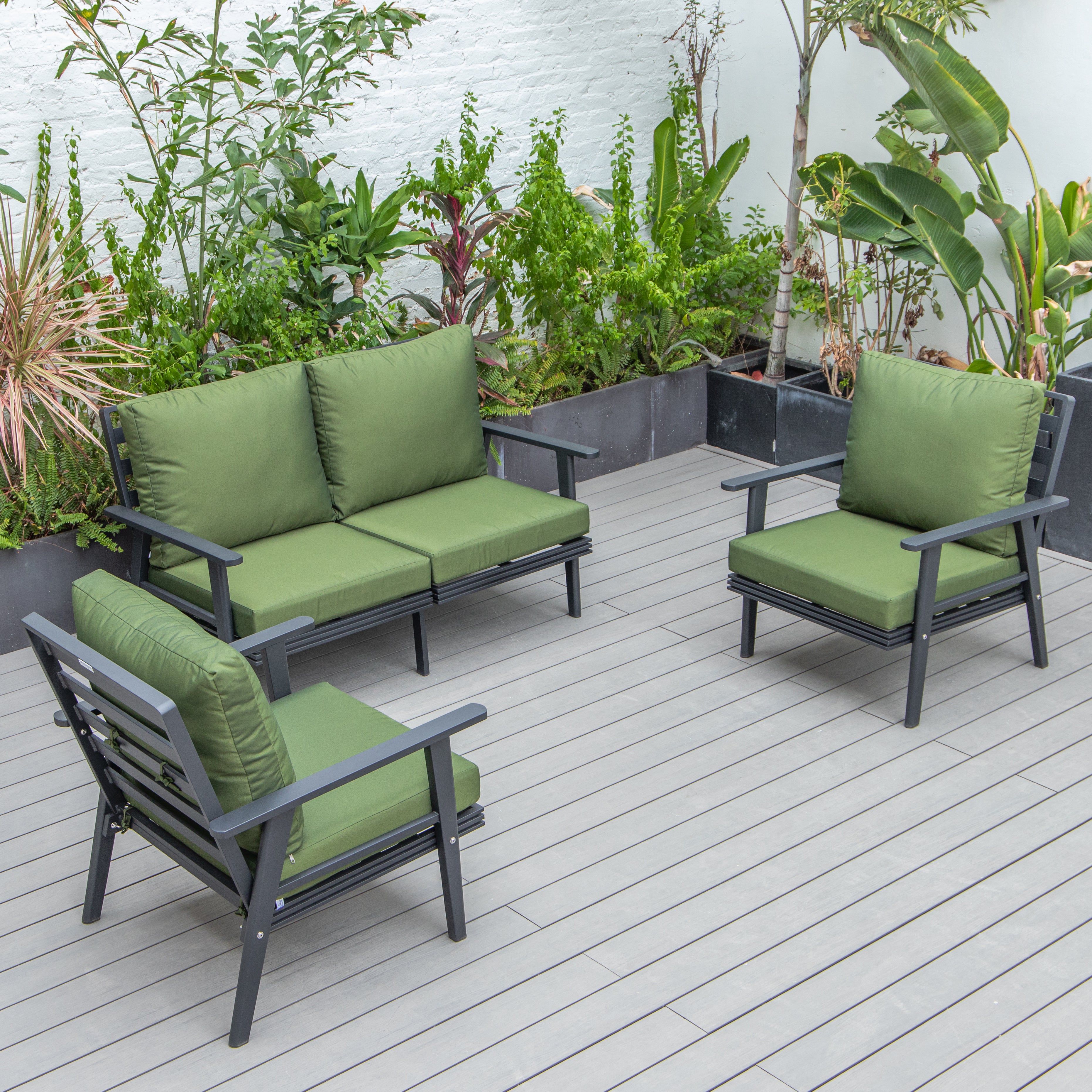 Walbrooke Modern 3-Piece Outdoor Patio Set with Black Aluminum Frame and Removable Cushions Loveseat and Armchairs for Patio and Backyard Garden