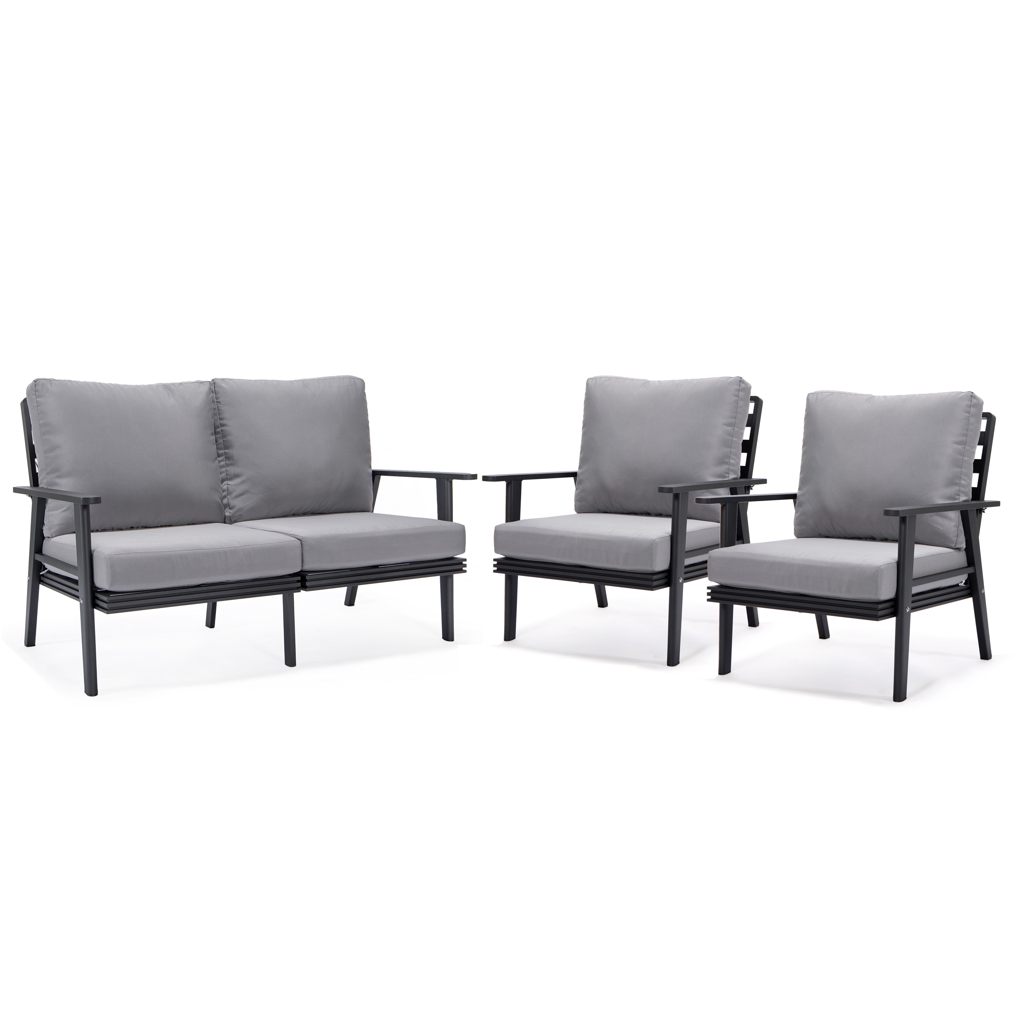 Walbrooke Modern 3-Piece Outdoor Patio Set with Black Aluminum Frame and Removable Cushions Loveseat and Armchairs for Patio and Backyard Garden