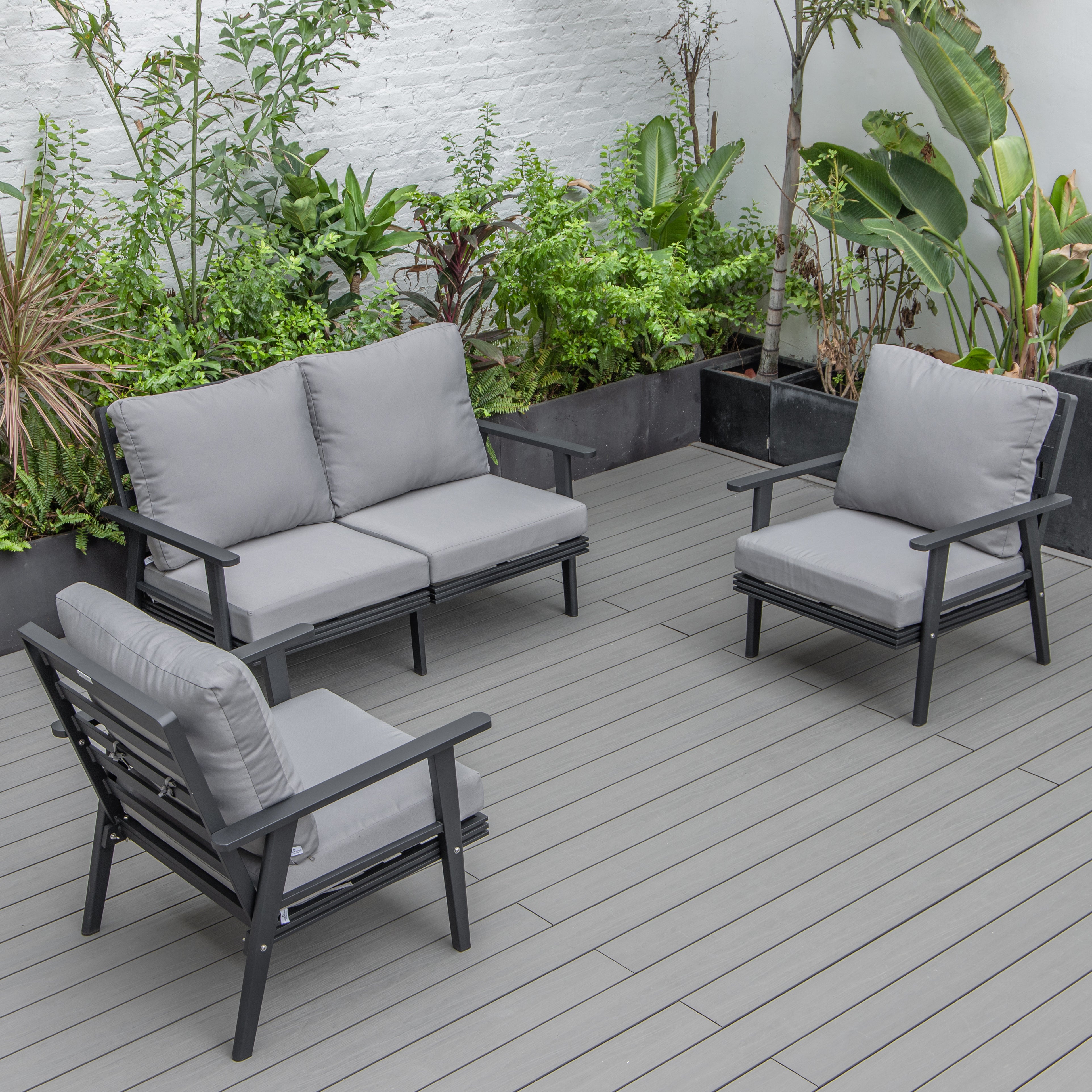 Walbrooke Modern 3-Piece Outdoor Patio Set with Black Aluminum Frame and Removable Cushions Loveseat and Armchairs for Patio and Backyard Garden