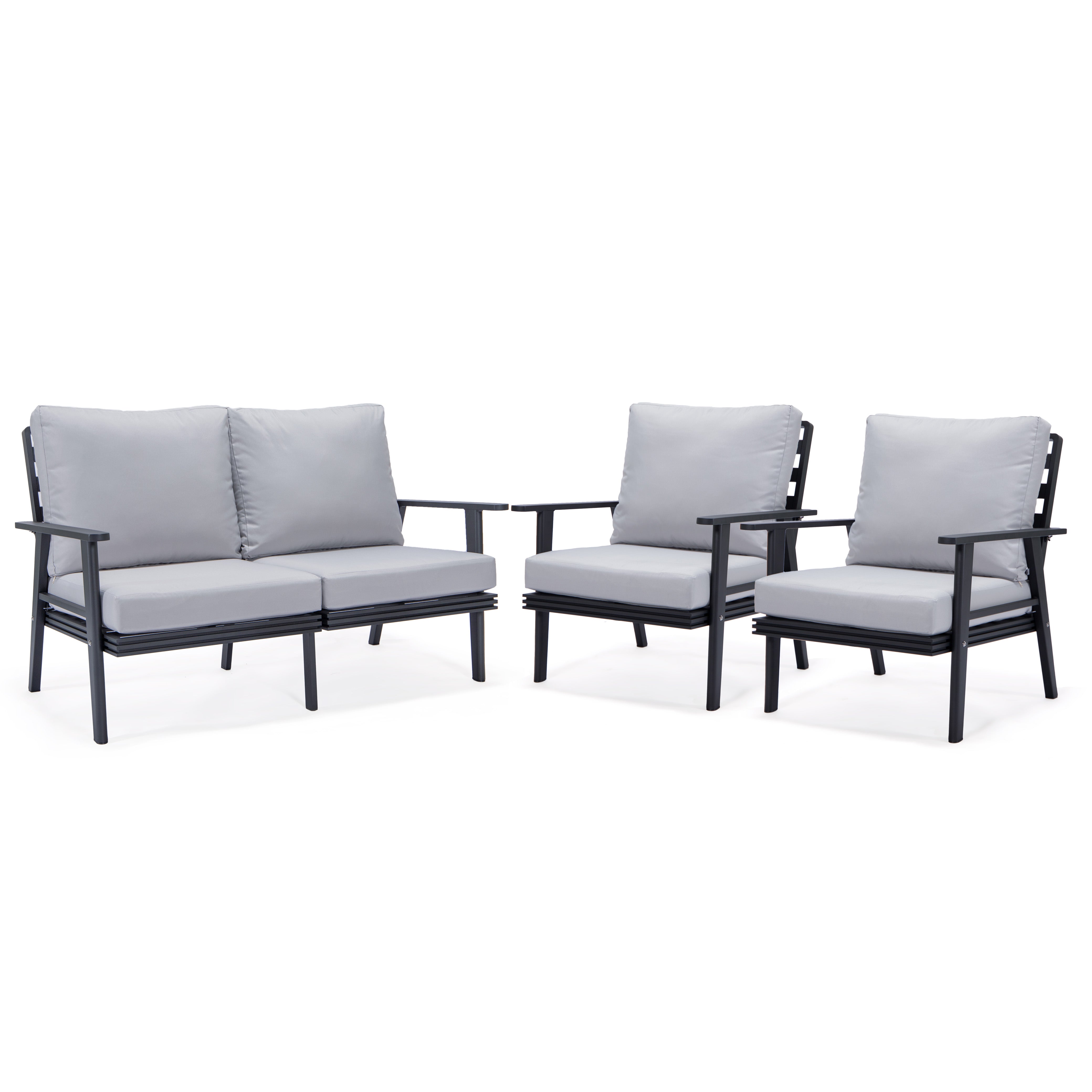 Walbrooke Modern 3-Piece Outdoor Patio Set with Black Aluminum Frame and Removable Cushions Loveseat and Armchairs for Patio and Backyard Garden