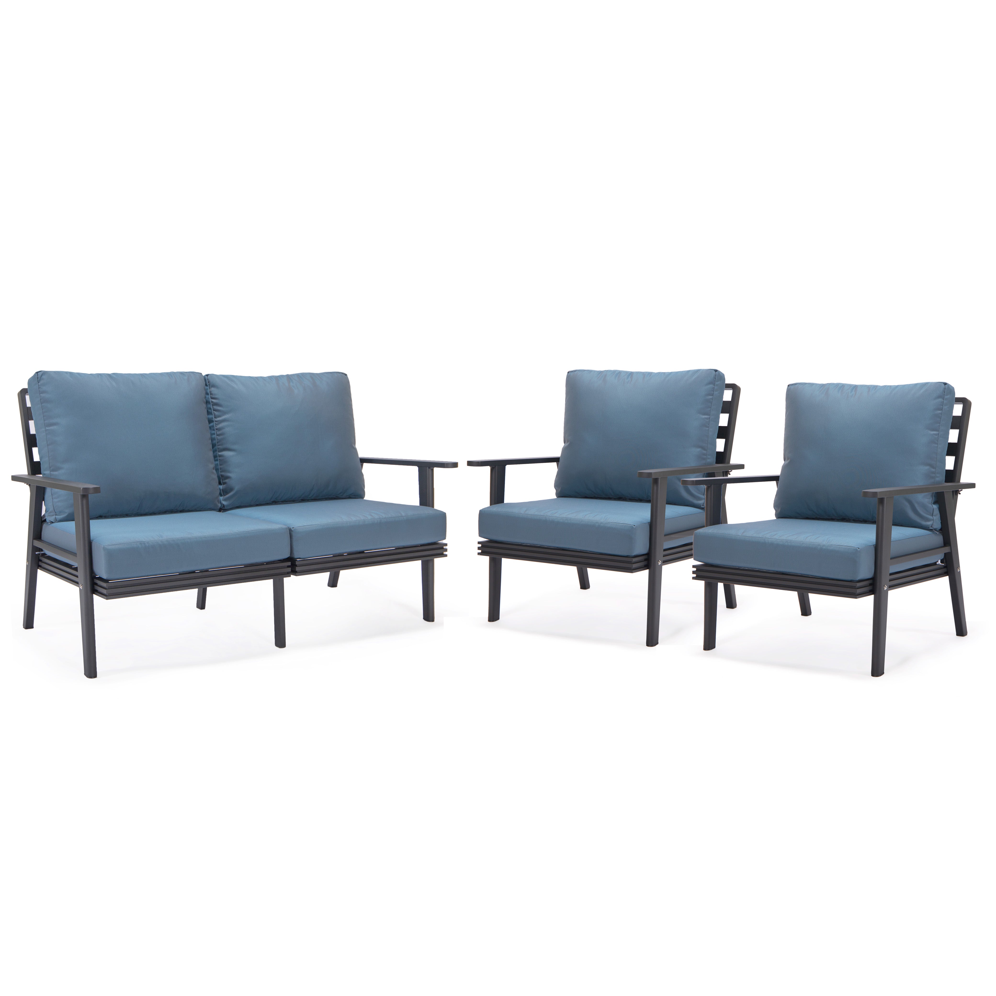 Walbrooke Modern 3-Piece Outdoor Patio Set with Black Aluminum Frame and Removable Cushions Loveseat and Armchairs for Patio and Backyard Garden