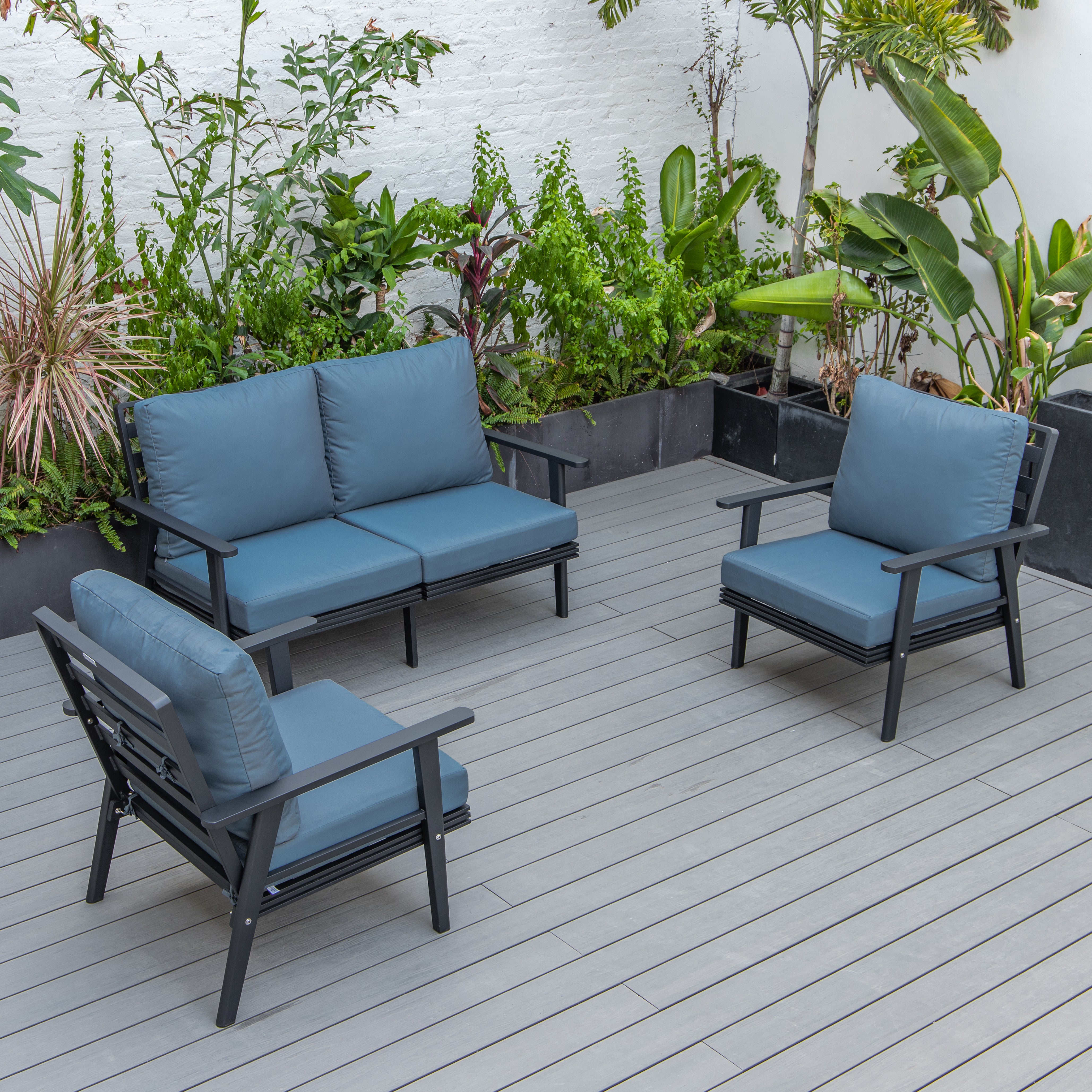 Walbrooke Modern 3-Piece Outdoor Patio Set with Black Aluminum Frame and Removable Cushions Loveseat and Armchairs for Patio and Backyard Garden