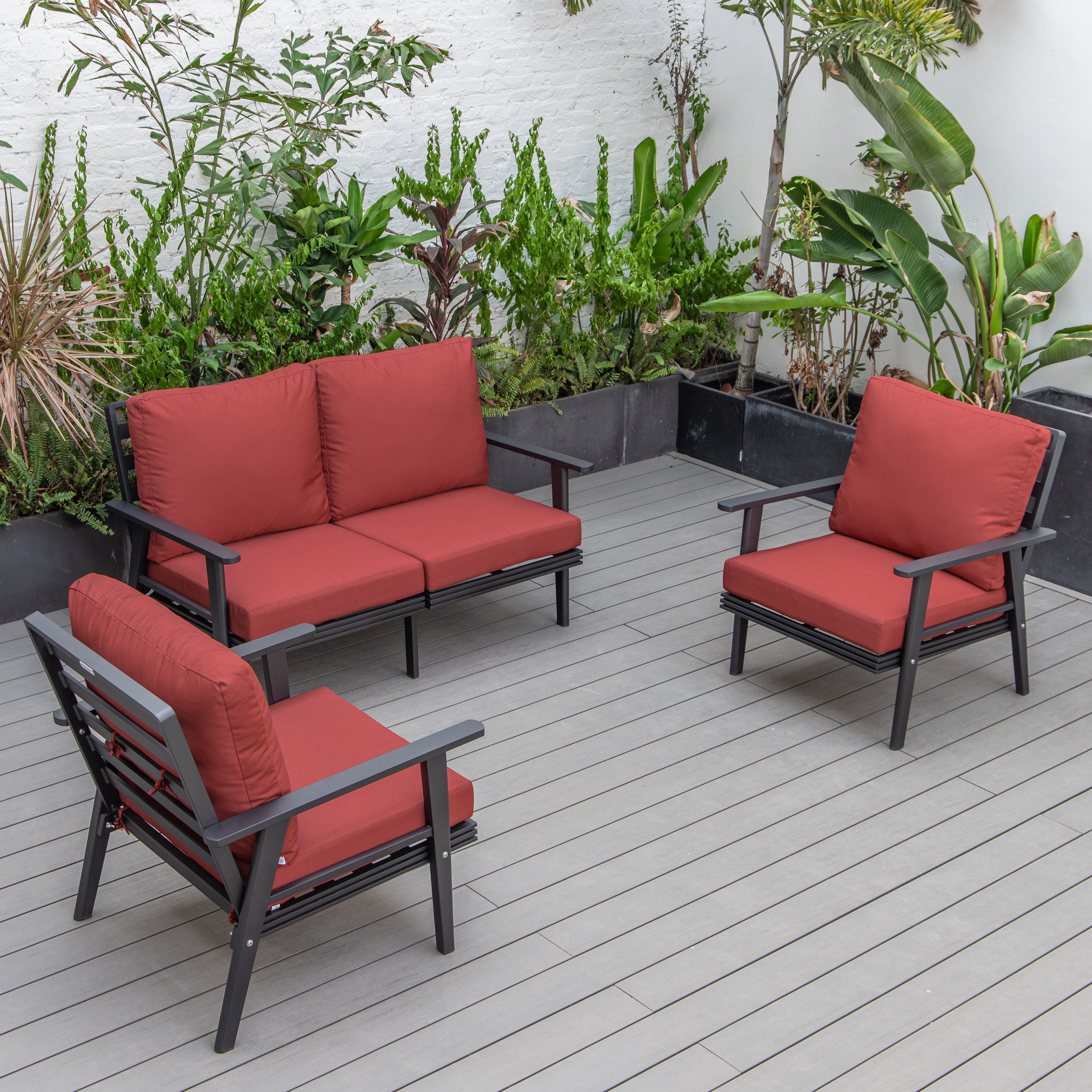 Walbrooke Modern 3-Piece Outdoor Patio Set with Black Aluminum Frame and Removable Cushions Loveseat and Armchairs for Patio and Backyard Garden