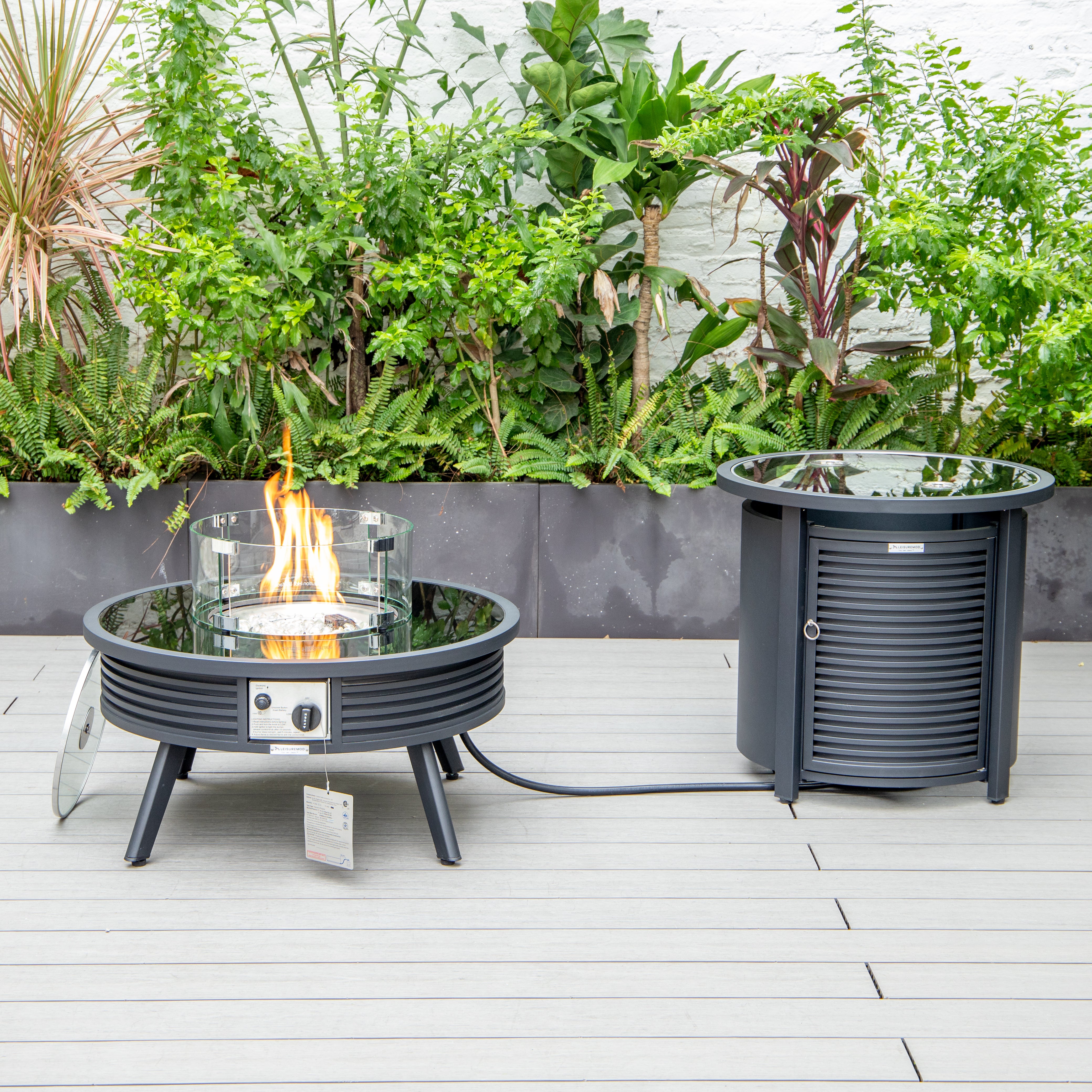 Walbrooke Patio Round Fire Pit and Tank Holder with Slats Design in Black