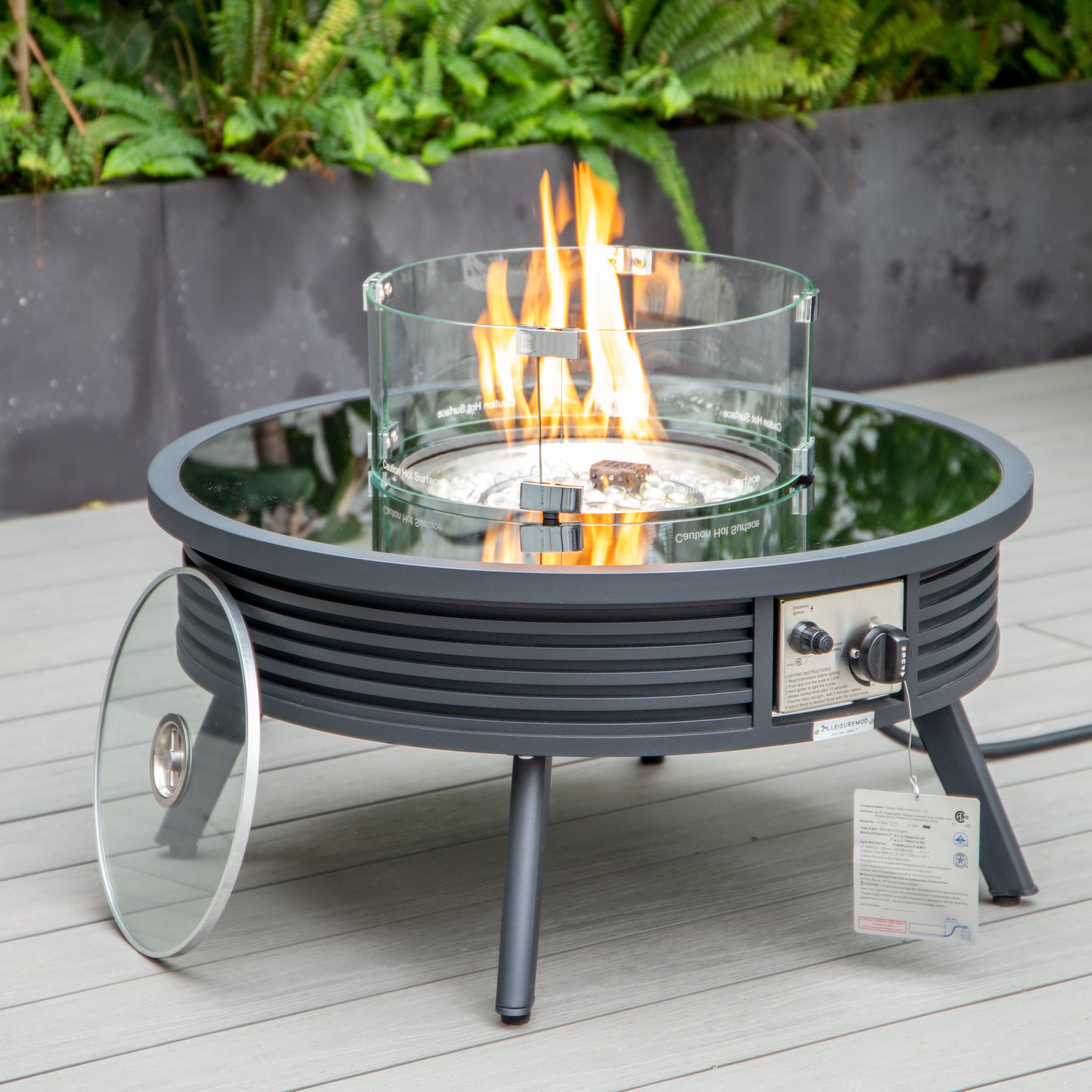 Walbrooke Outdoor Patio Aluminum Round Slats Design Fire Pit Side Table with Lid and Fire Glass for Patio and Backyard Garden