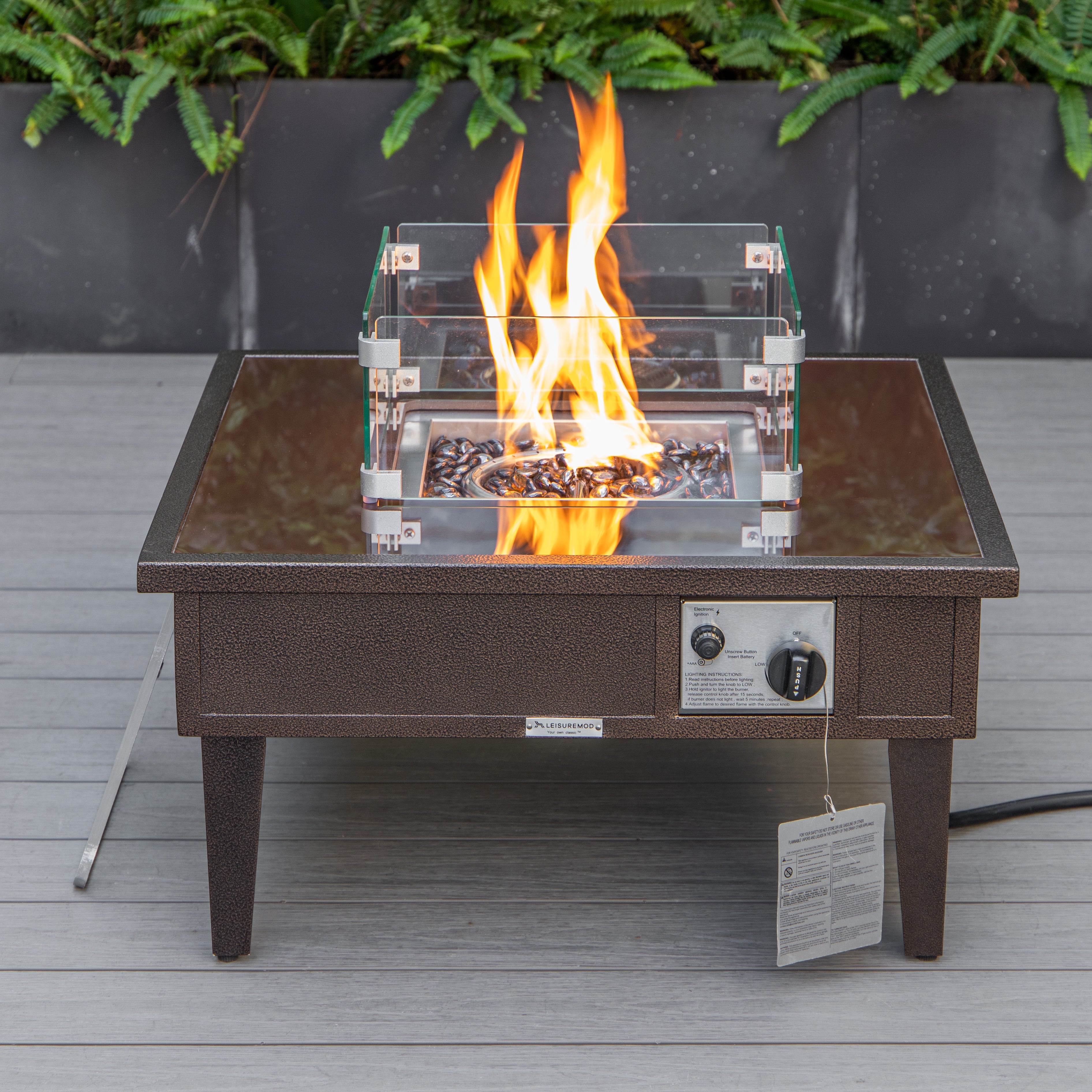 Walbrooke Outdoor Patio Aluminum Square Fire Pit Side Table with Lid and Fire Glass for Patio and Backyard Garden