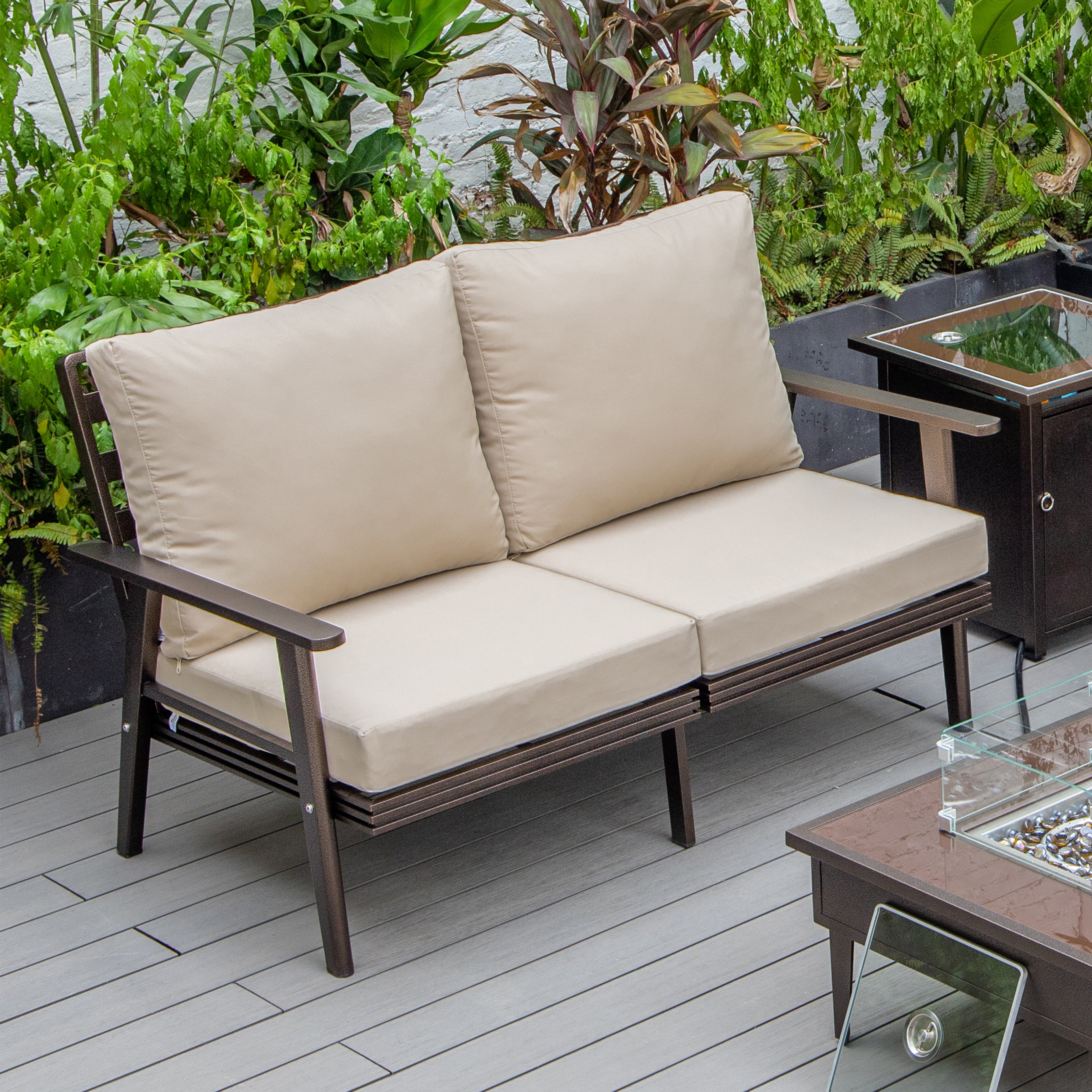 Walbrooke Modern Outdoor Patio Loveseat with Brown Aluminum Frame and Removable Cushions For Patio and Backyard Garden