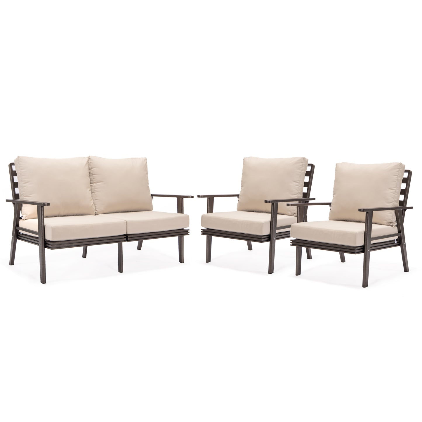 Walbrooke Modern 3-Piece Outdoor Patio Set with Brown Aluminum Frame and Removable Cushions Loveseat and Armchairs for Patio and Backyard Garden