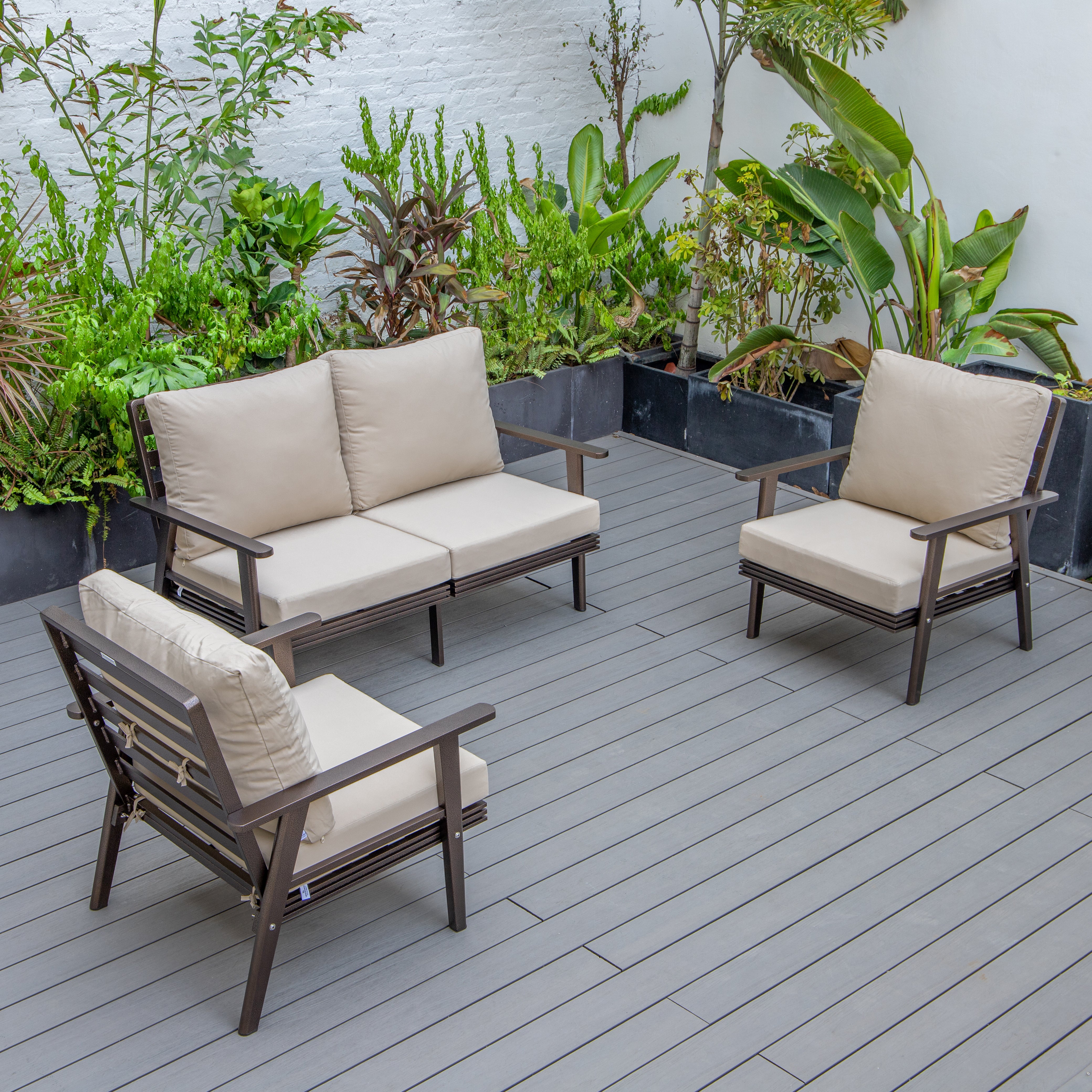 Walbrooke Modern 3-Piece Outdoor Patio Set with Brown Aluminum Frame and Removable Cushions Loveseat and Armchairs for Patio and Backyard Garden