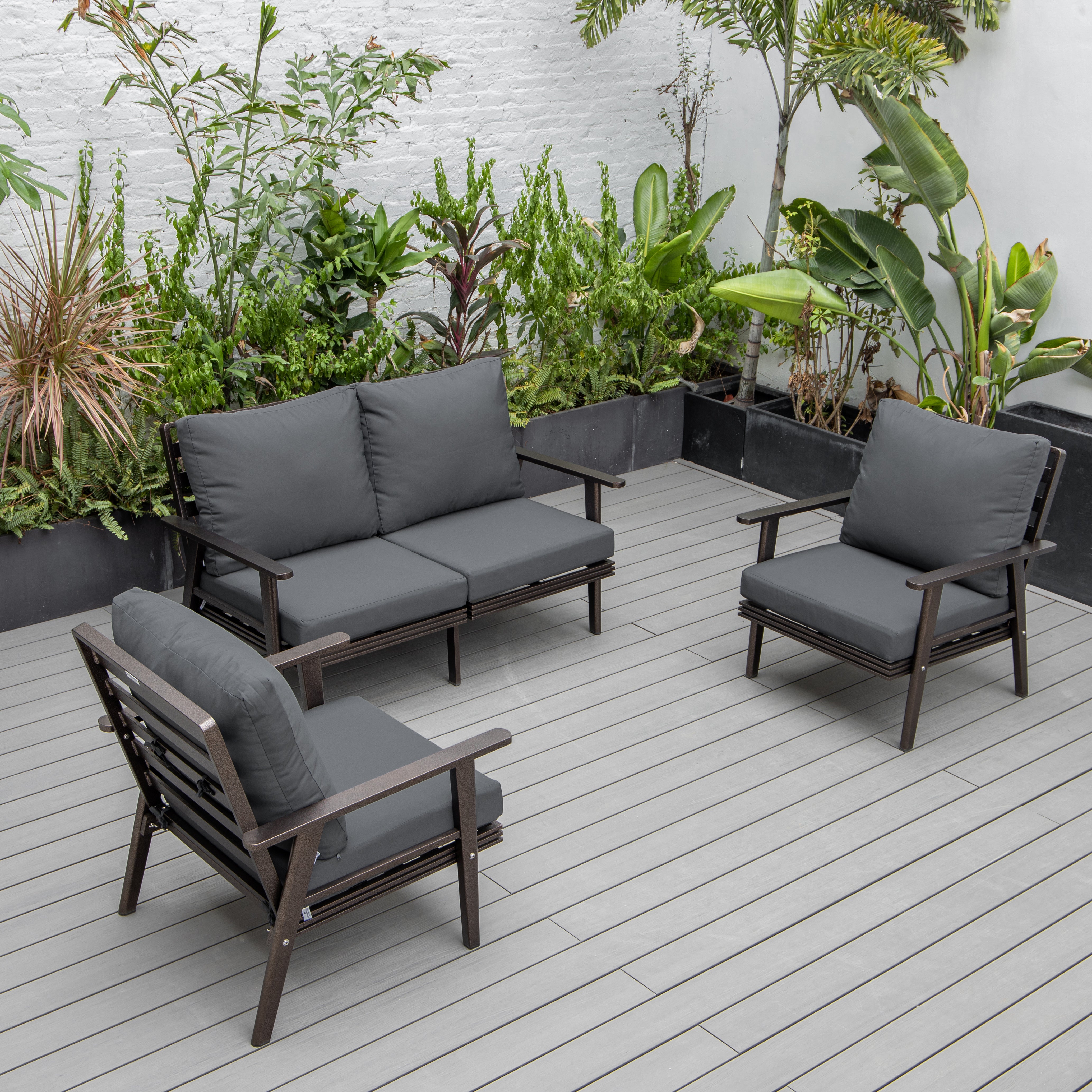 Walbrooke Modern 3-Piece Outdoor Patio Set with Brown Aluminum Frame and Removable Cushions Loveseat and Armchairs for Patio and Backyard Garden