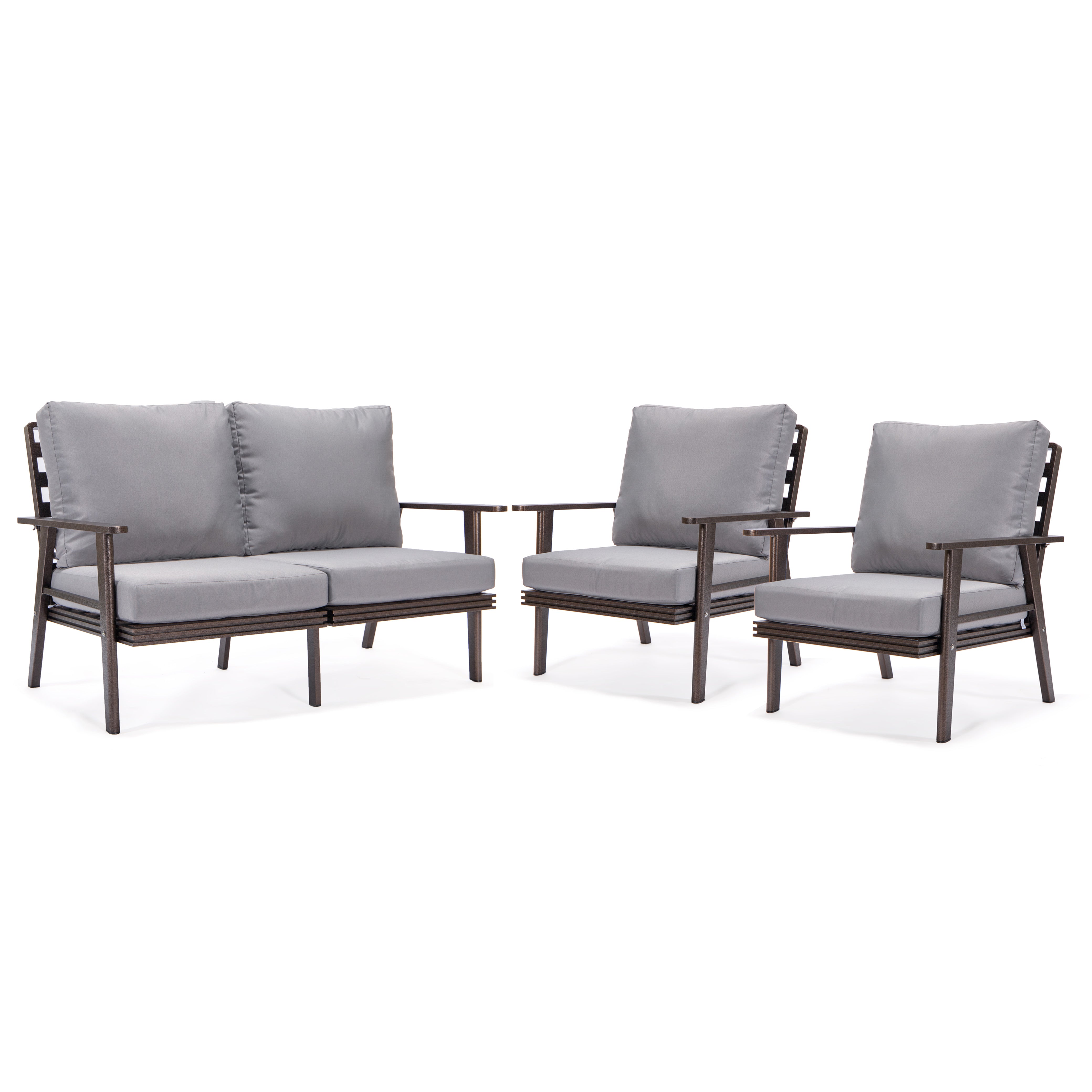 Walbrooke Modern 3-Piece Outdoor Patio Set with Brown Aluminum Frame and Removable Cushions Loveseat and Armchairs for Patio and Backyard Garden