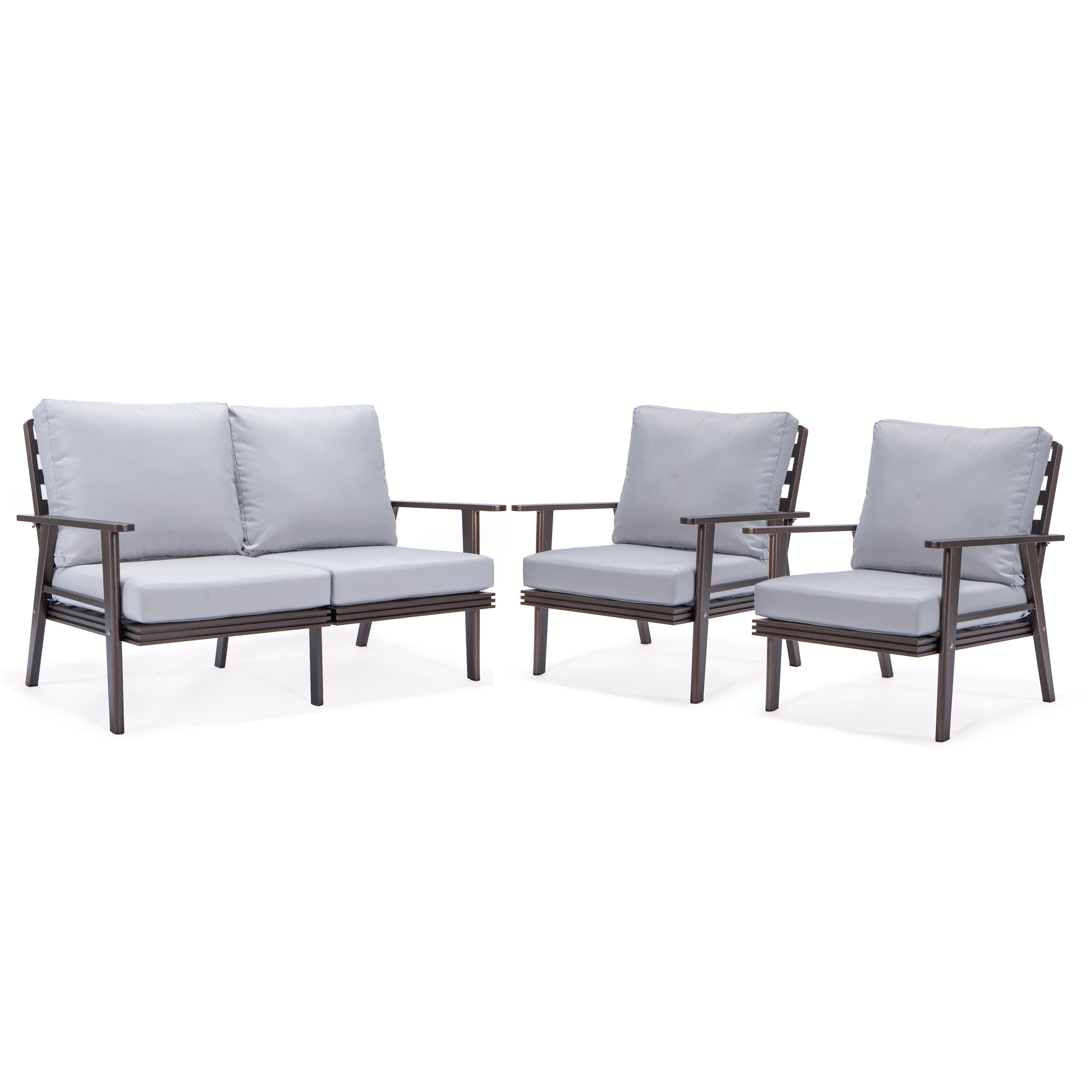 Walbrooke Modern 3-Piece Outdoor Patio Set with Brown Aluminum Frame and Removable Cushions Loveseat and Armchairs for Patio and Backyard Garden