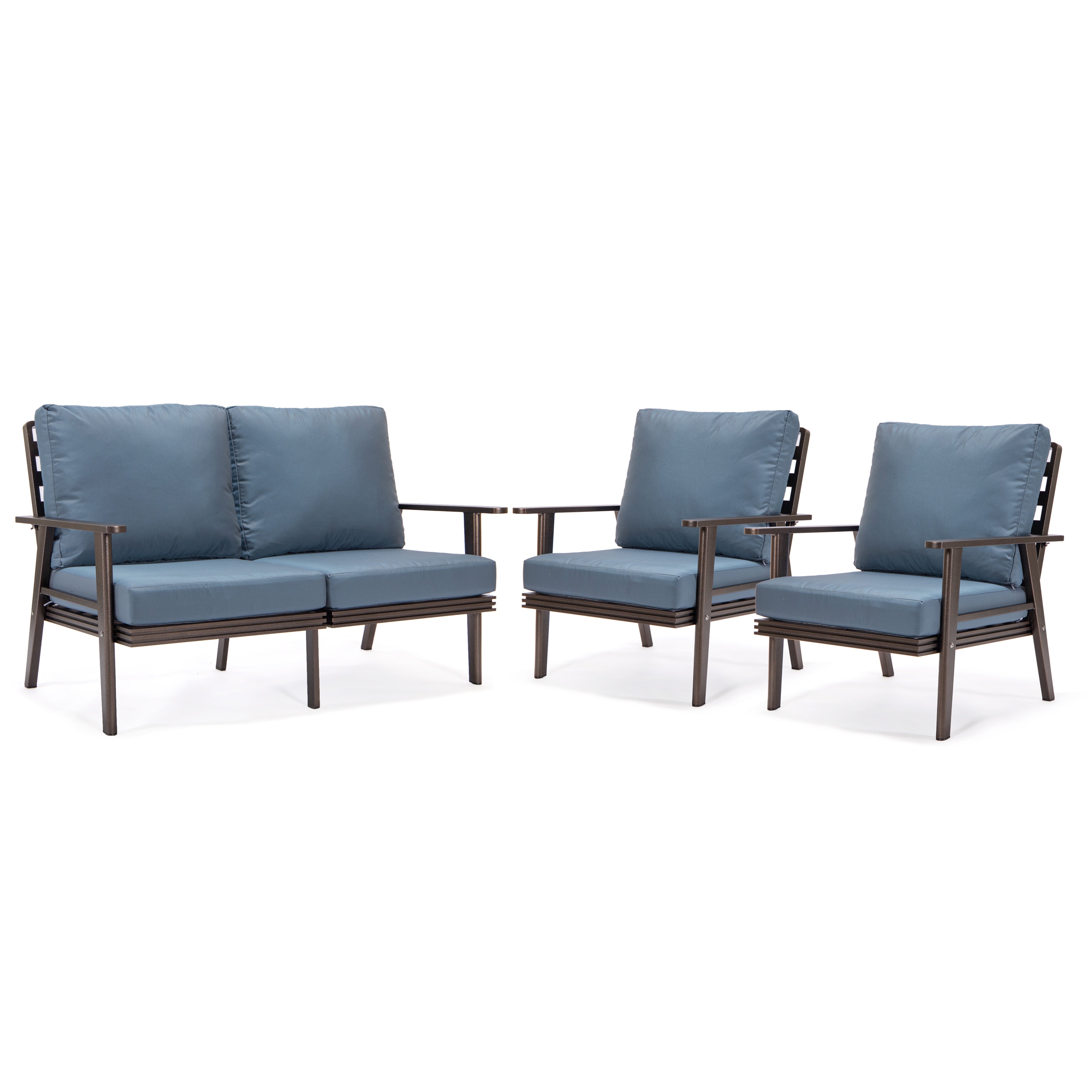 Walbrooke Modern 3-Piece Outdoor Patio Set with Brown Aluminum Frame and Removable Cushions Loveseat and Armchairs for Patio and Backyard Garden