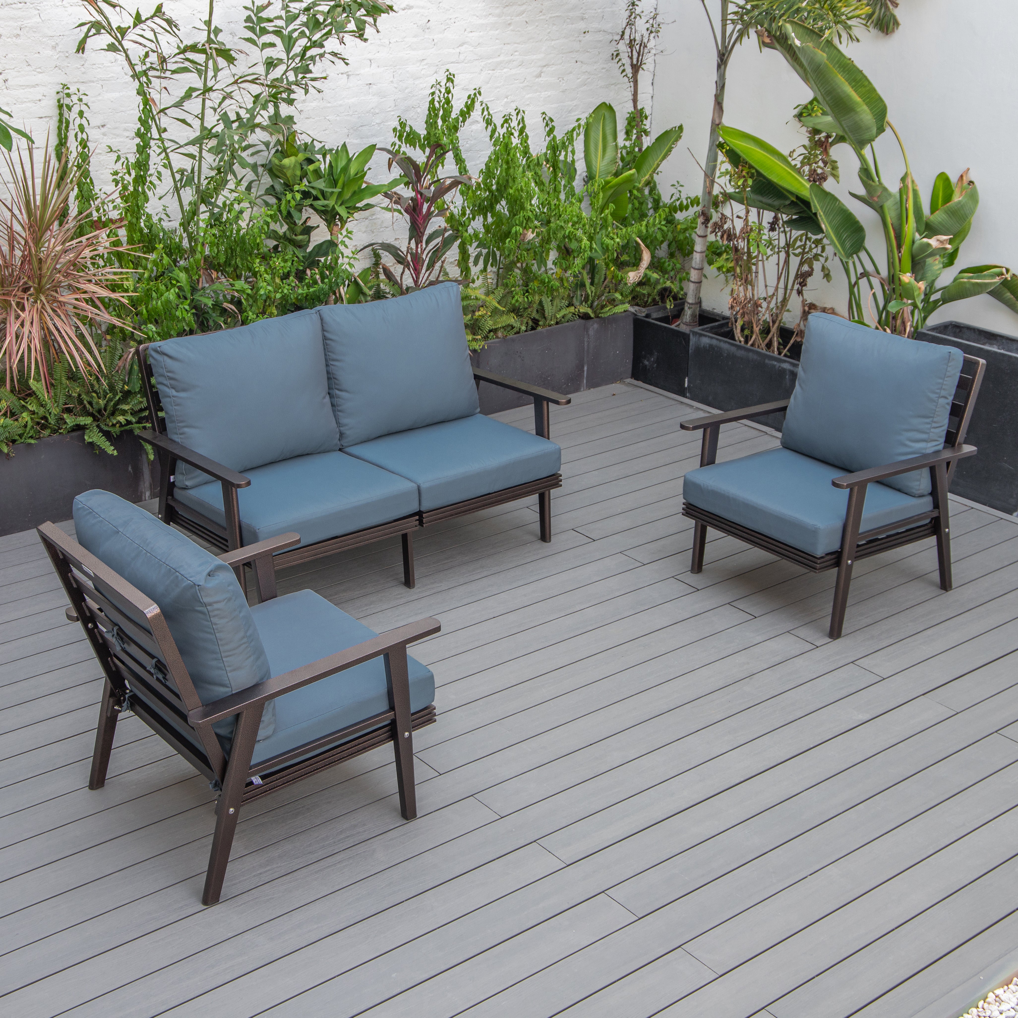 Walbrooke Modern 3-Piece Outdoor Patio Set with Brown Aluminum Frame and Removable Cushions Loveseat and Armchairs for Patio and Backyard Garden