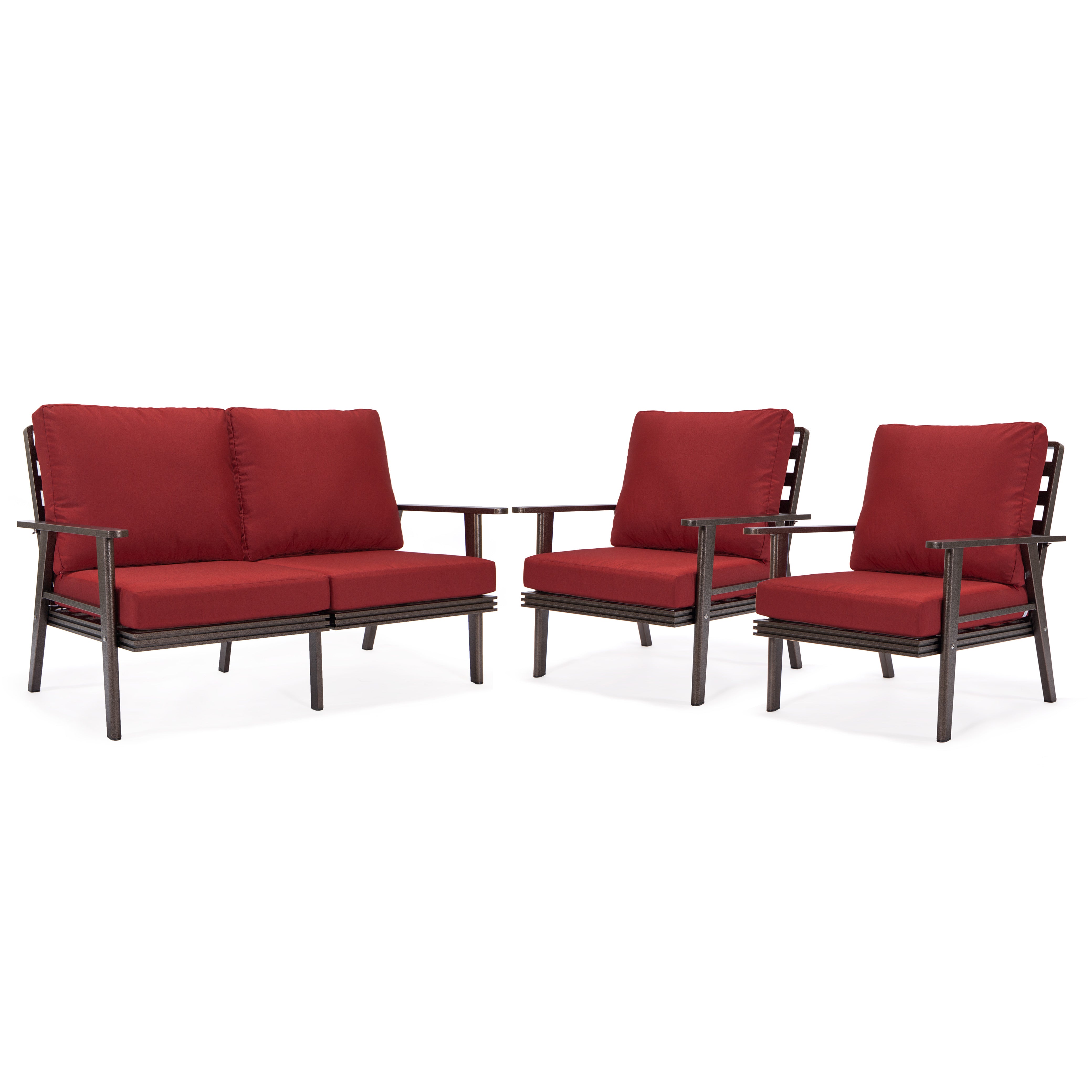 Walbrooke Modern 3-Piece Outdoor Patio Set with Brown Aluminum Frame and Removable Cushions Loveseat and Armchairs for Patio and Backyard Garden