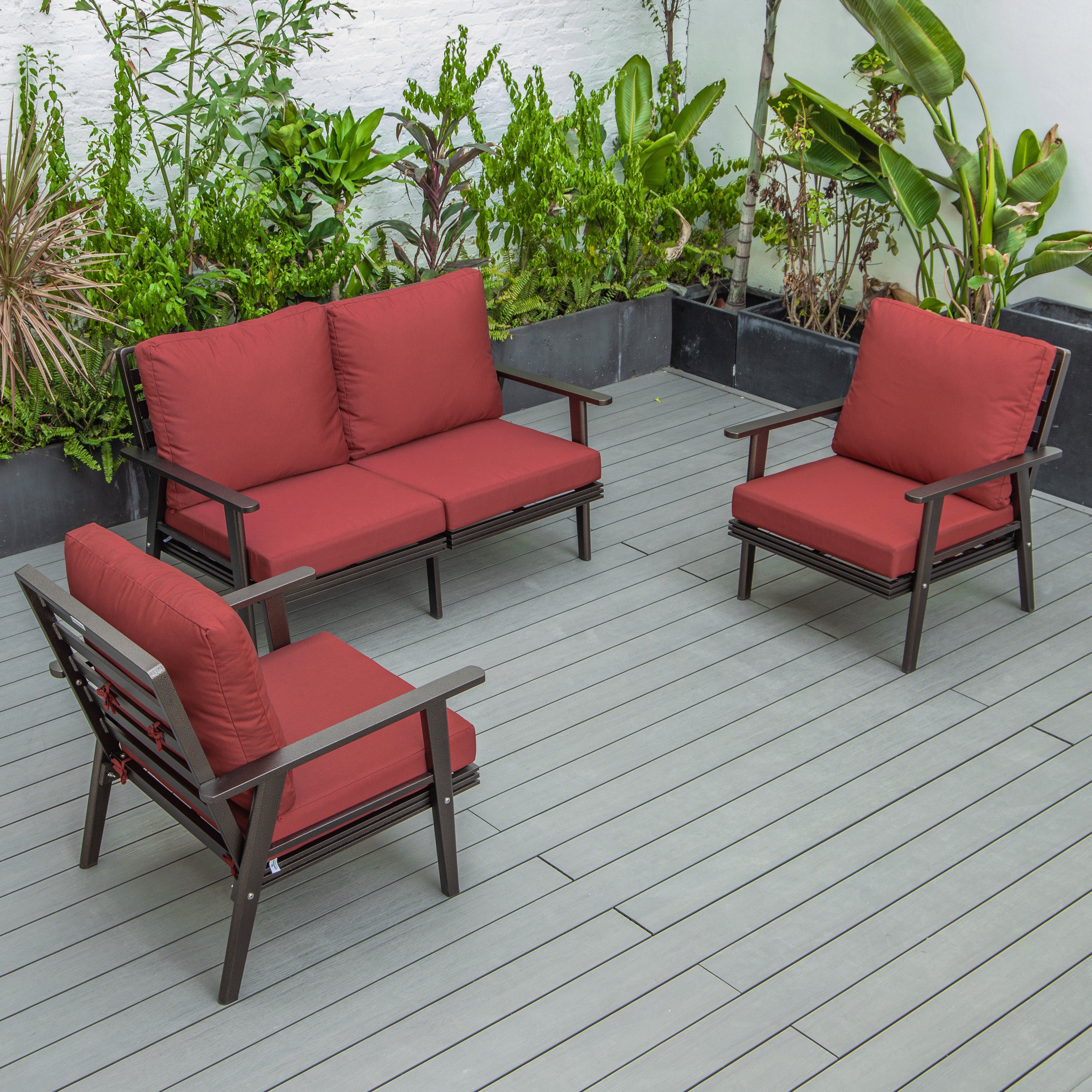 Walbrooke Modern 3-Piece Outdoor Patio Set with Brown Aluminum Frame and Removable Cushions Loveseat and Armchairs for Patio and Backyard Garden