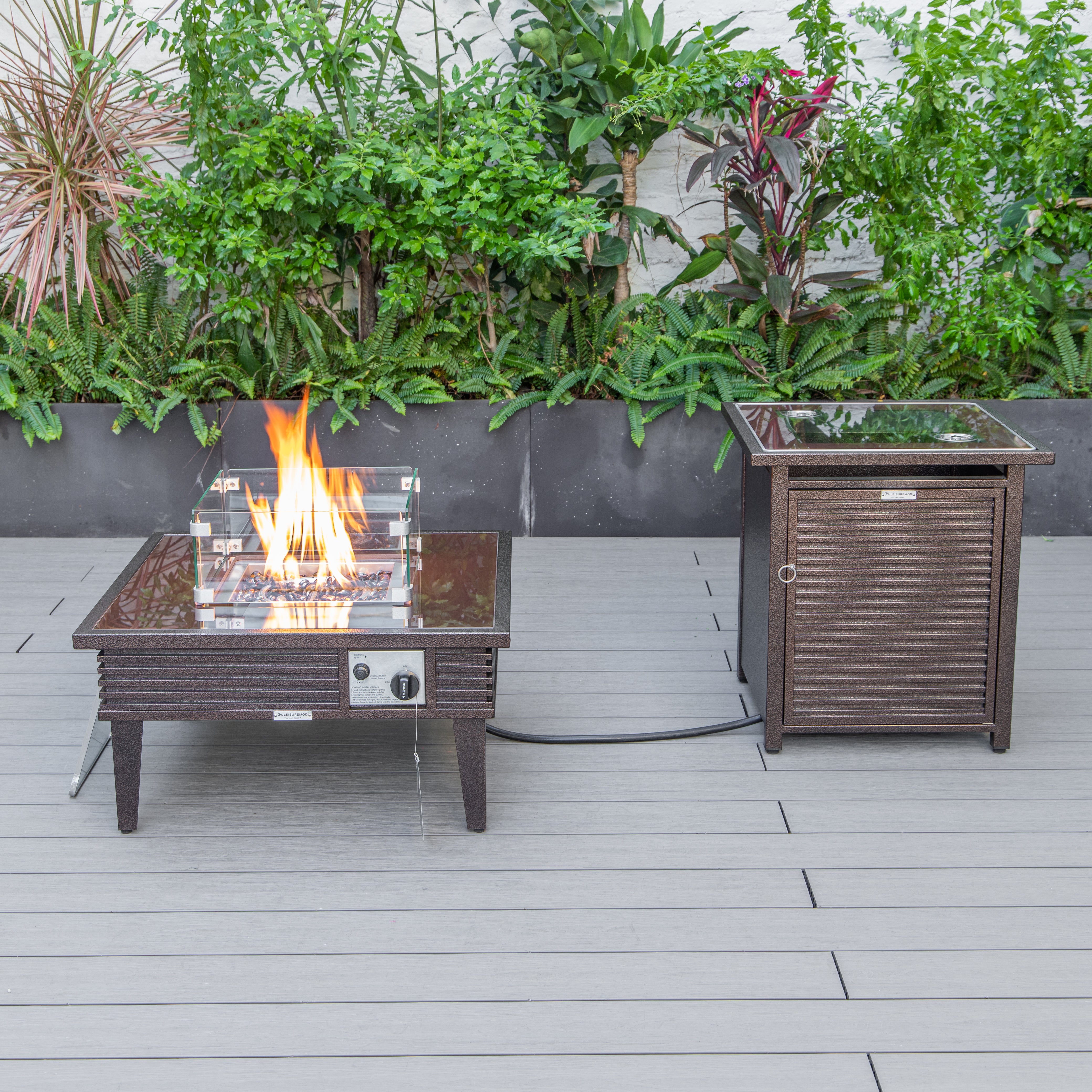 Walbrooke Patio Square Fire Pit and Tank Holder with Slats Design in Black