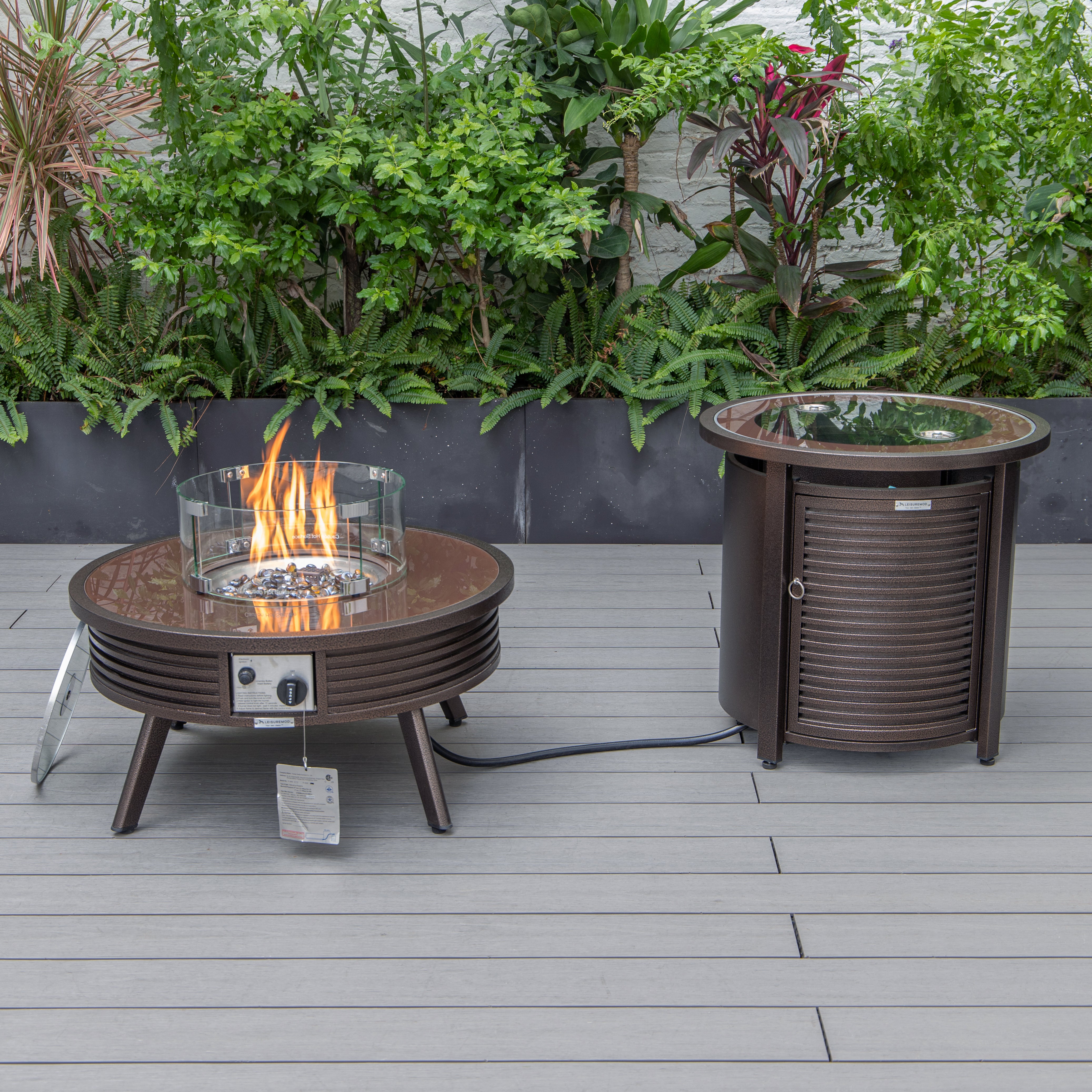 Walbrooke Patio Round Fire Pit and Tank Holder with Slats Design in Black