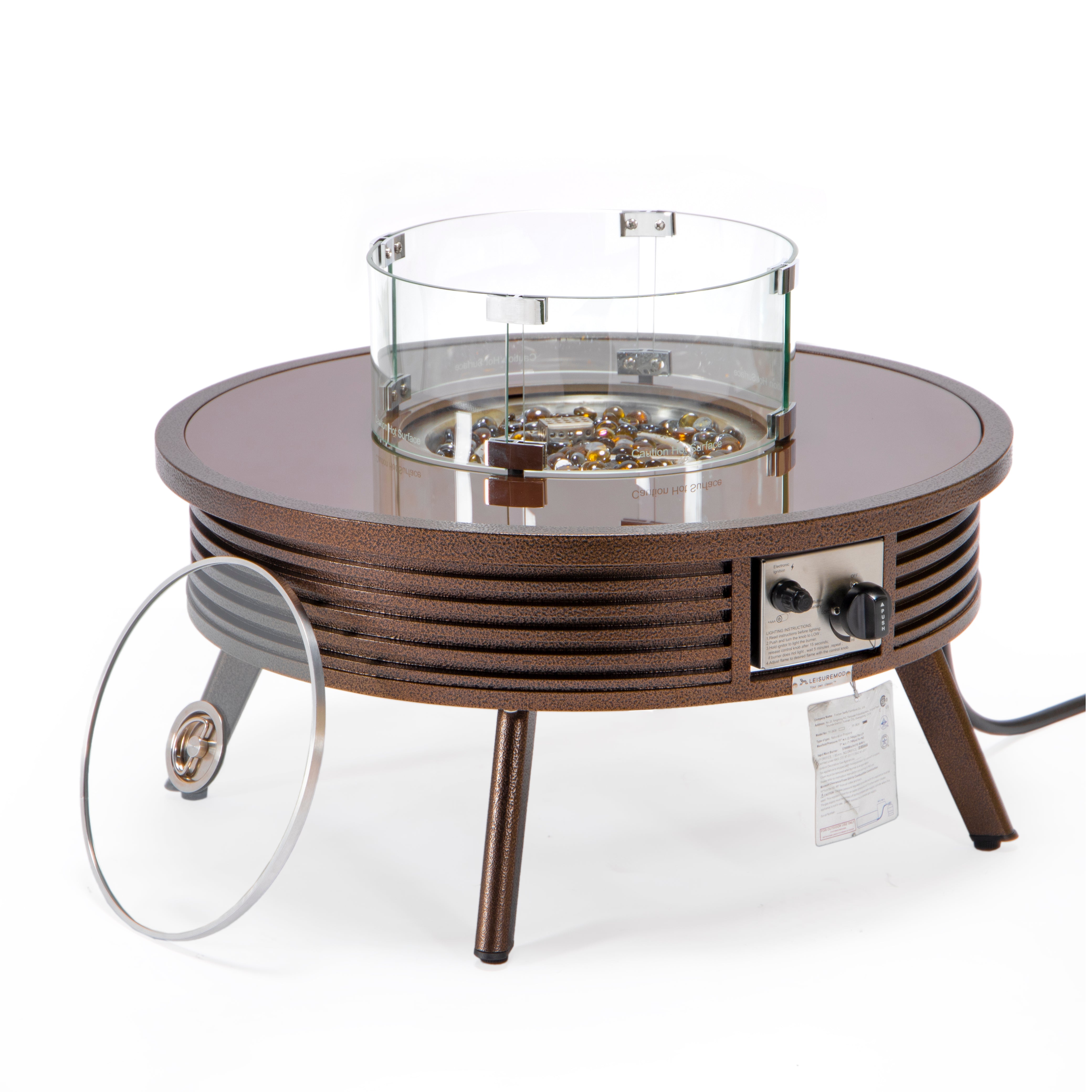 Walbrooke Outdoor Patio Aluminum Round Slats Design Fire Pit Side Table with Lid and Fire Glass for Patio and Backyard Garden