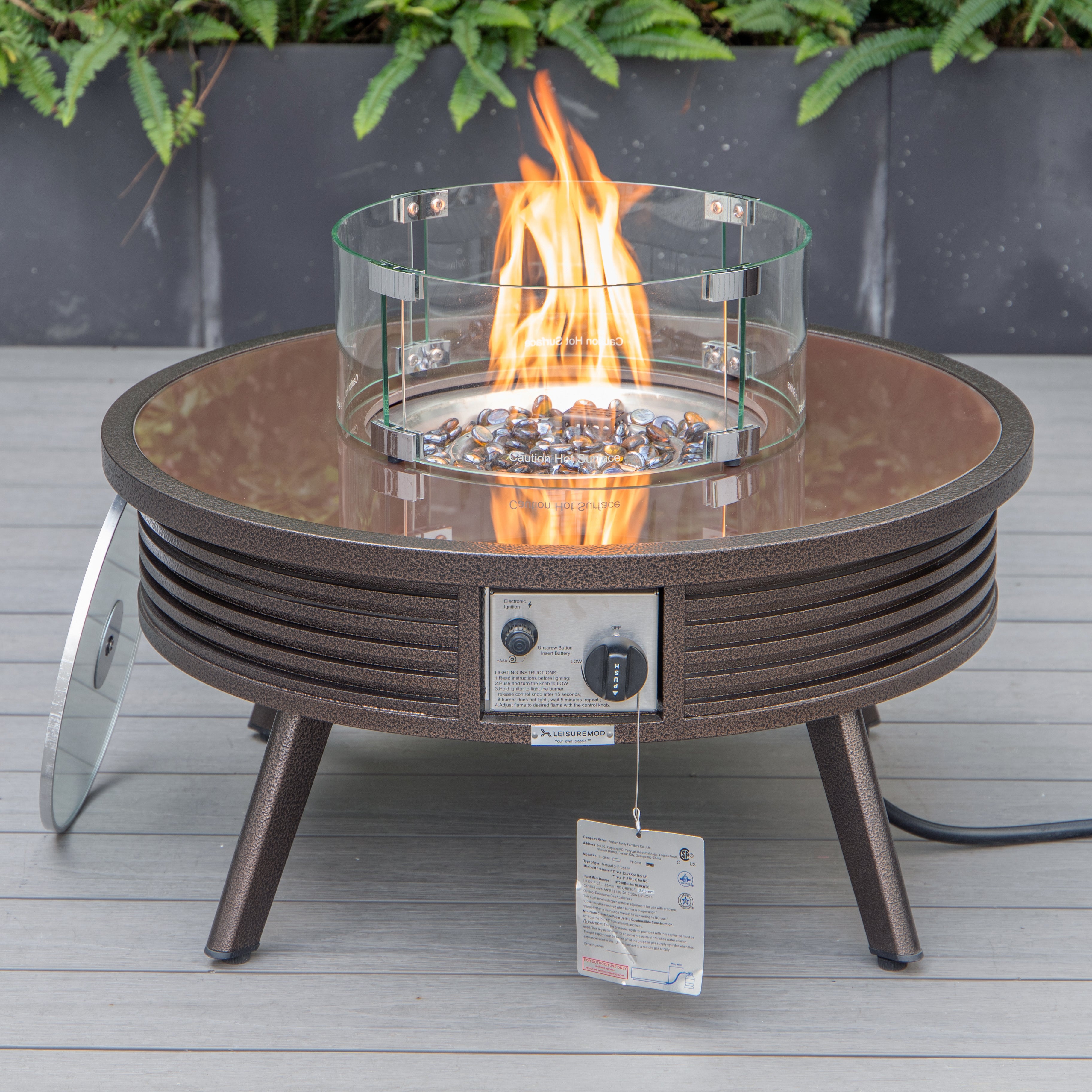 Walbrooke Outdoor Patio Aluminum Round Slats Design Fire Pit Side Table with Lid and Fire Glass for Patio and Backyard Garden