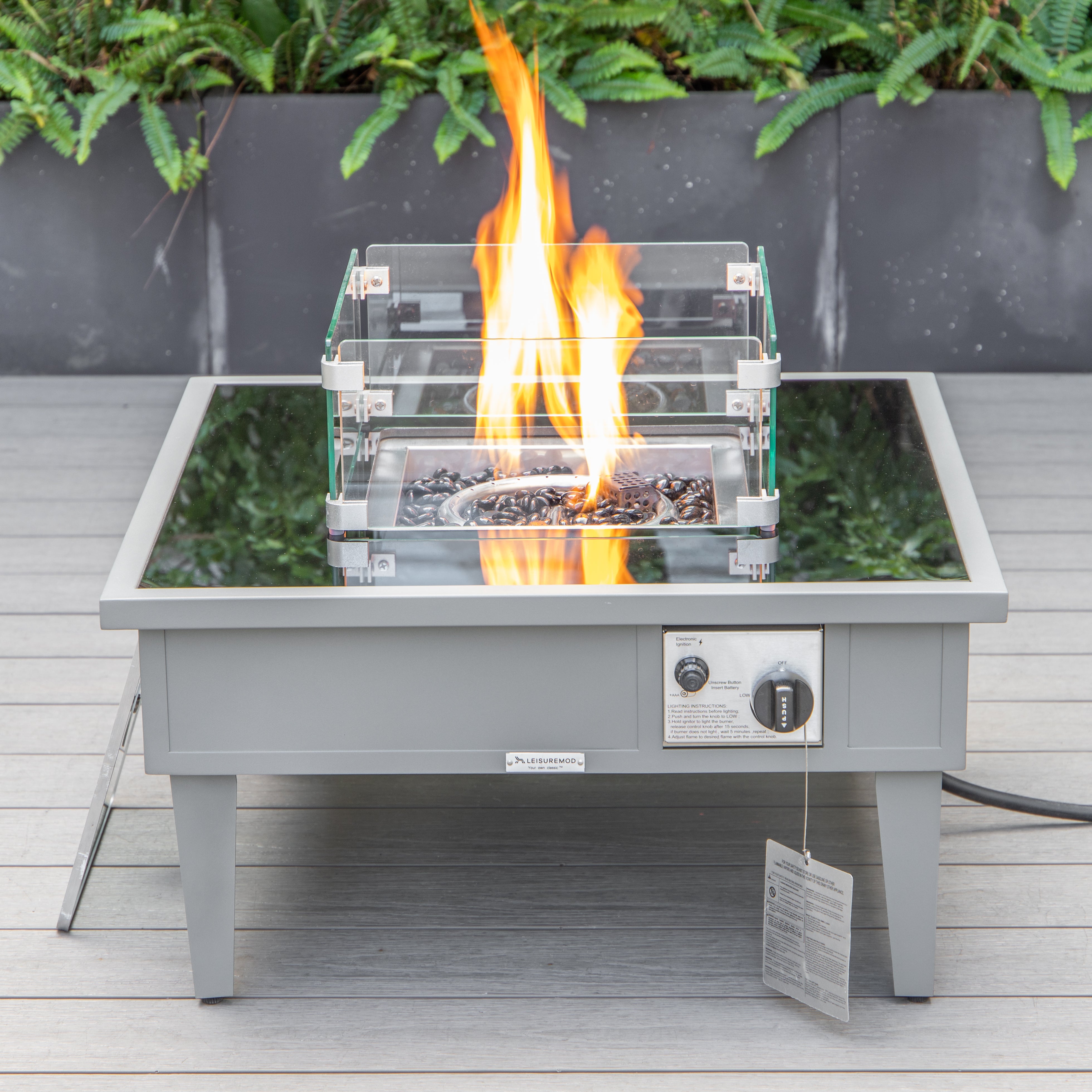 Walbrooke Outdoor Patio Aluminum Square Fire Pit Side Table with Lid and Fire Glass for Patio and Backyard Garden