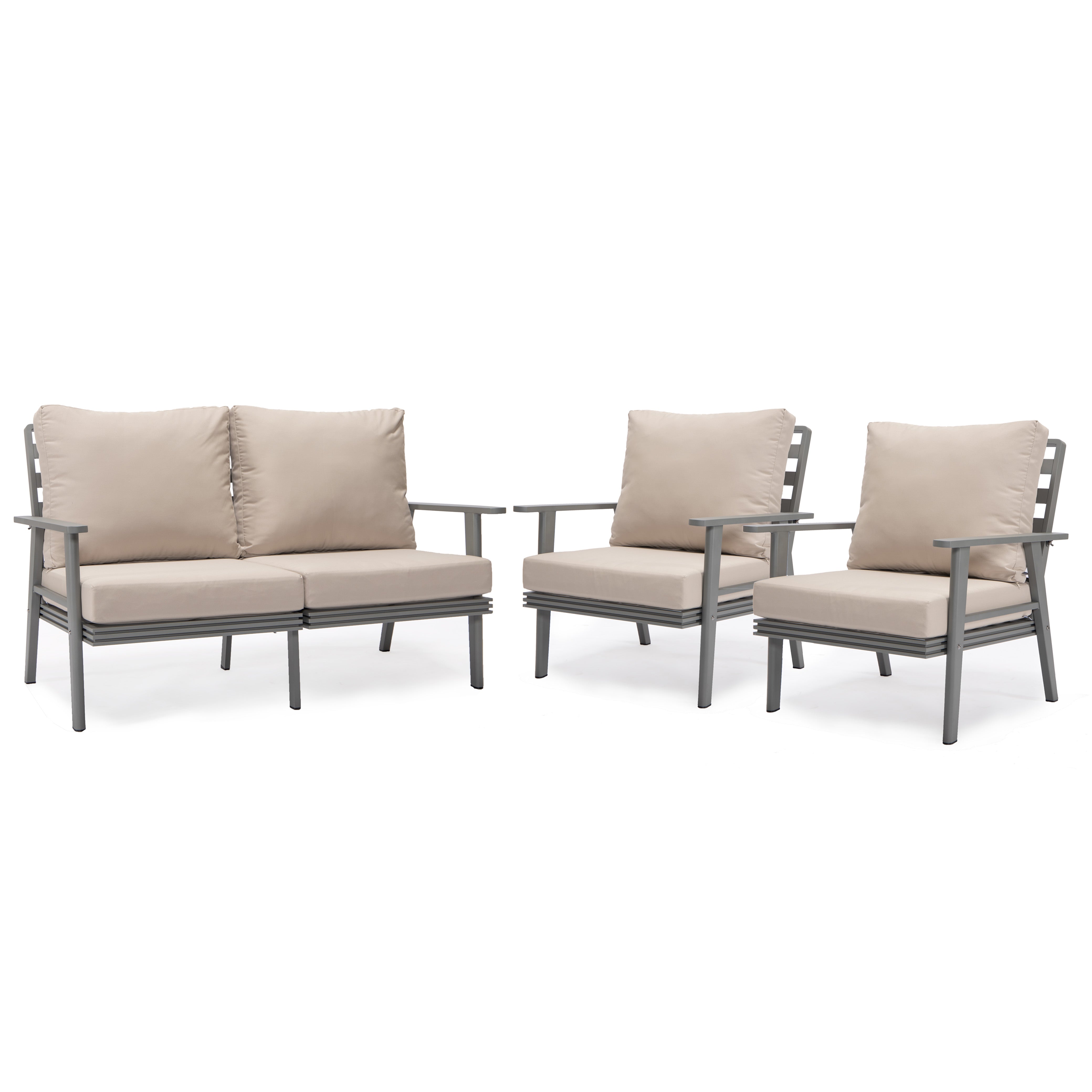 Walbrooke Modern 3-Piece Outdoor Patio Set with Grey Aluminum Frame and Removable Cushions Loveseat and Armchairs for Patio and Backyard Garden