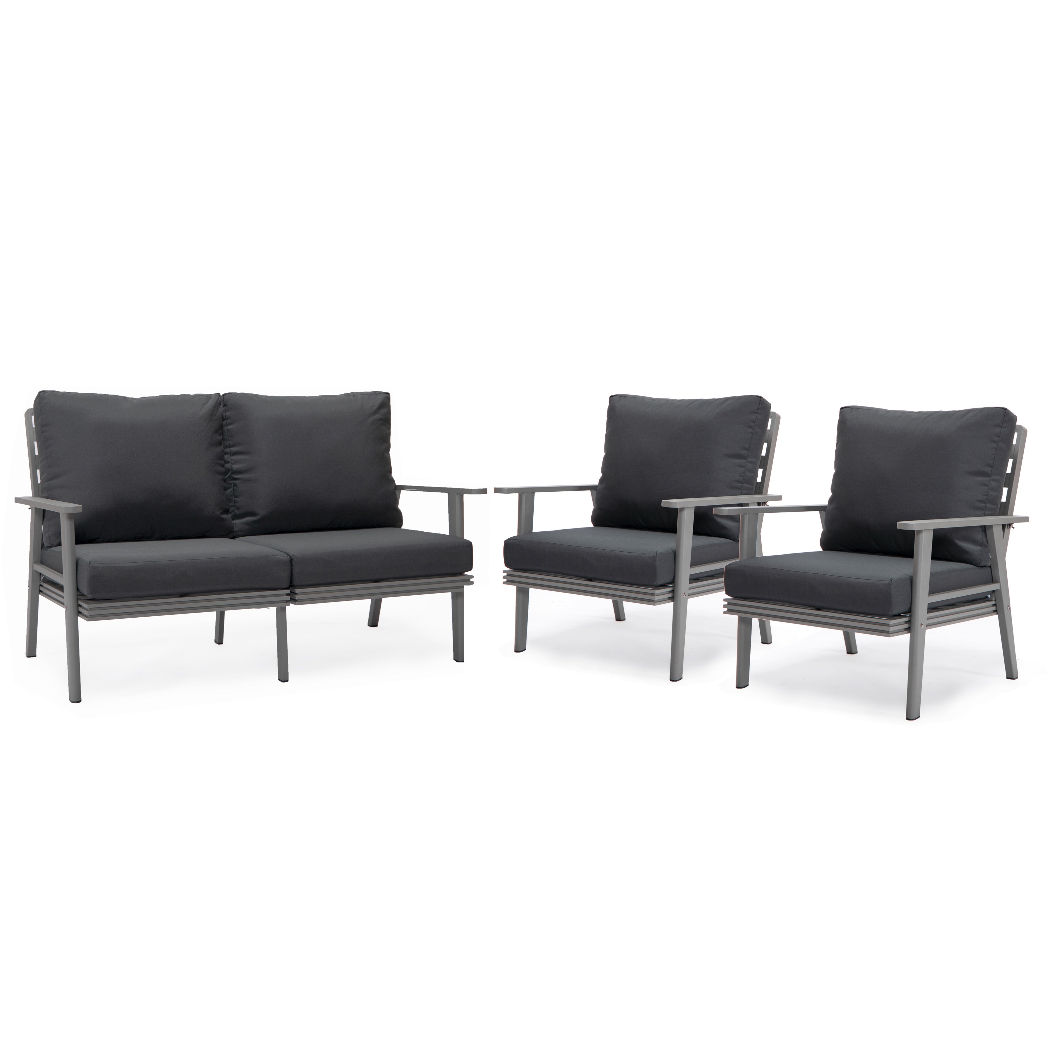 Walbrooke Modern 3-Piece Outdoor Patio Set with Grey Aluminum Frame and Removable Cushions Loveseat and Armchairs for Patio and Backyard Garden