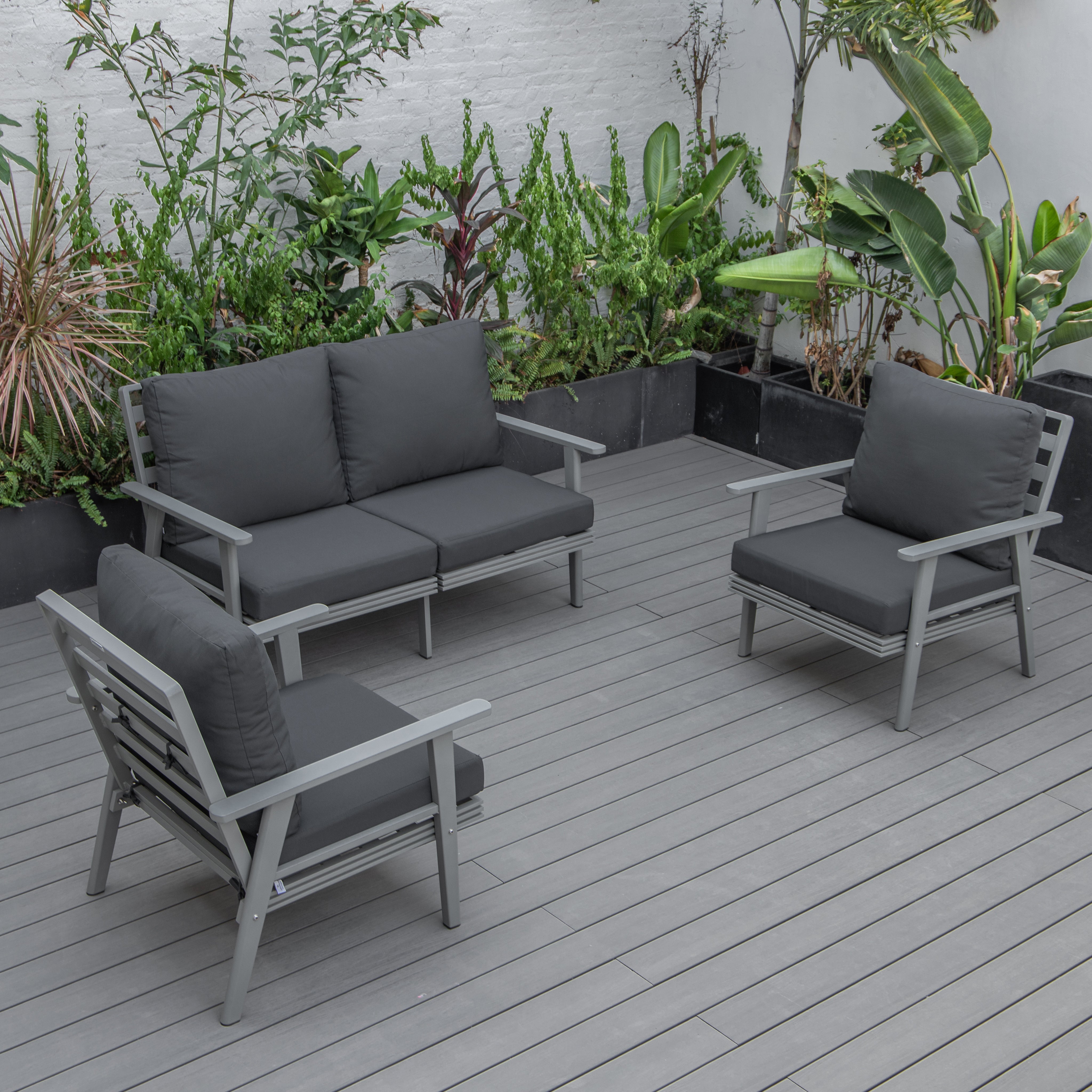 Walbrooke Modern 3-Piece Outdoor Patio Set with Grey Aluminum Frame and Removable Cushions Loveseat and Armchairs for Patio and Backyard Garden