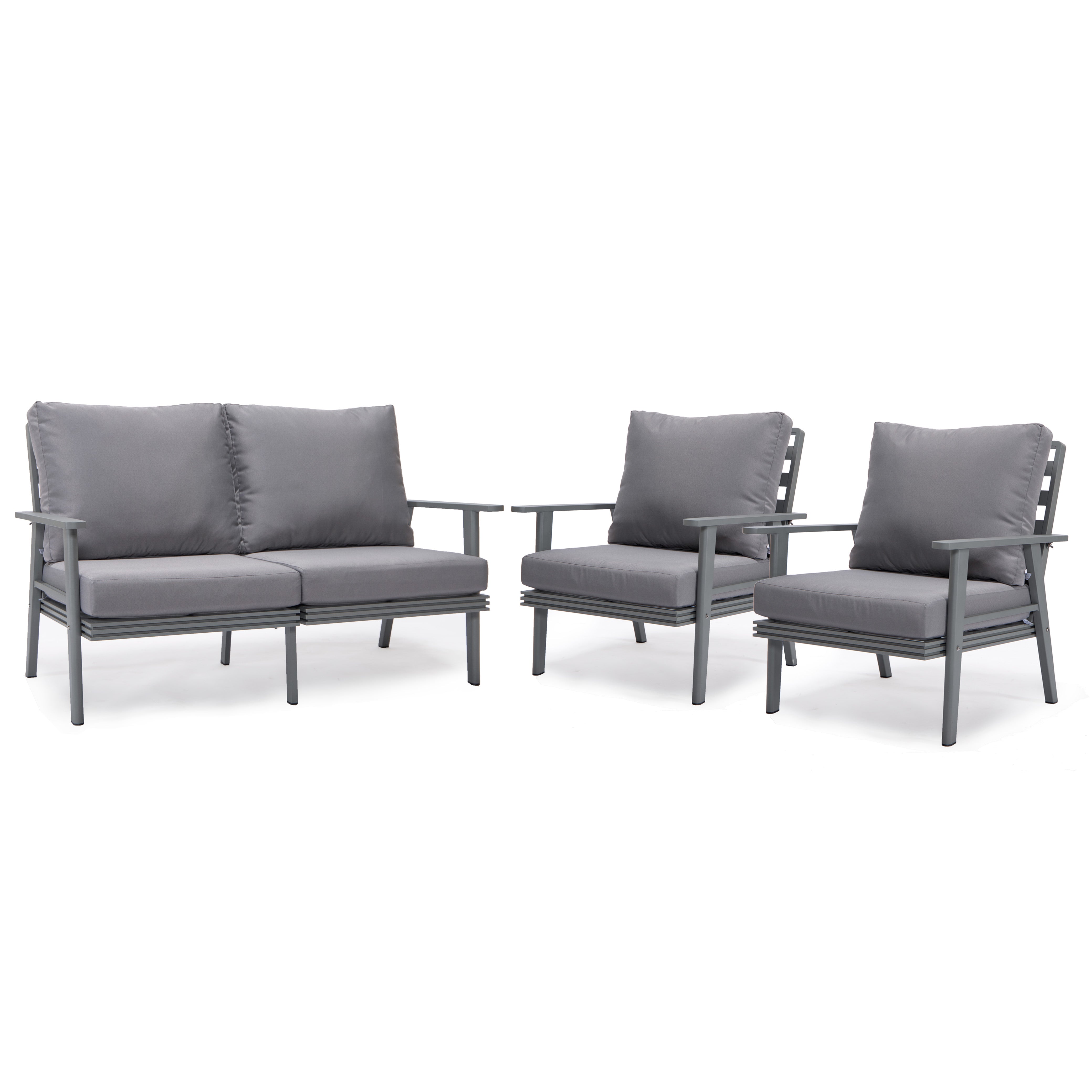 Walbrooke Modern 3-Piece Outdoor Patio Set with Grey Aluminum Frame and Removable Cushions Loveseat and Armchairs for Patio and Backyard Garden