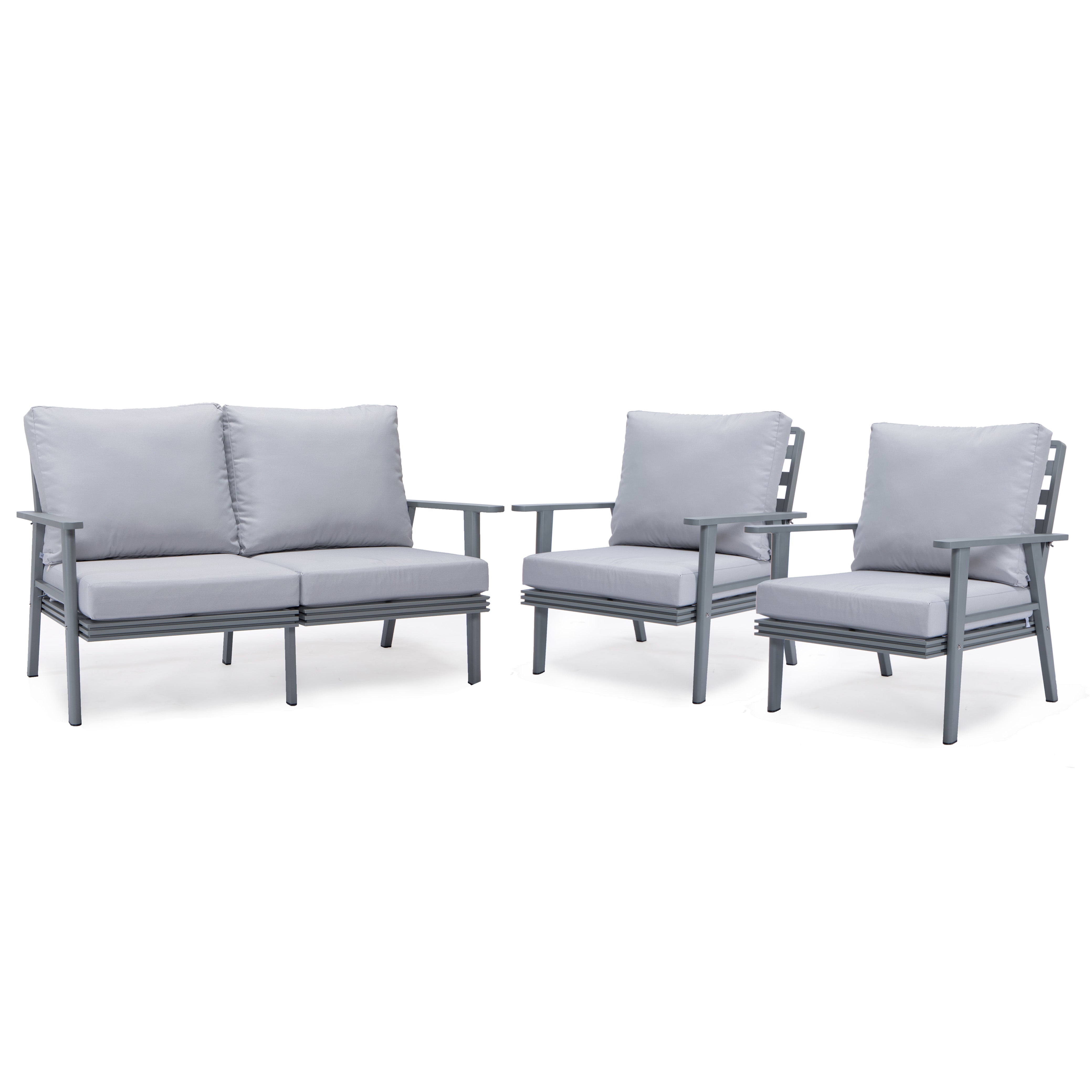 Walbrooke Modern 3-Piece Outdoor Patio Set with Grey Aluminum Frame and Removable Cushions Loveseat and Armchairs for Patio and Backyard Garden