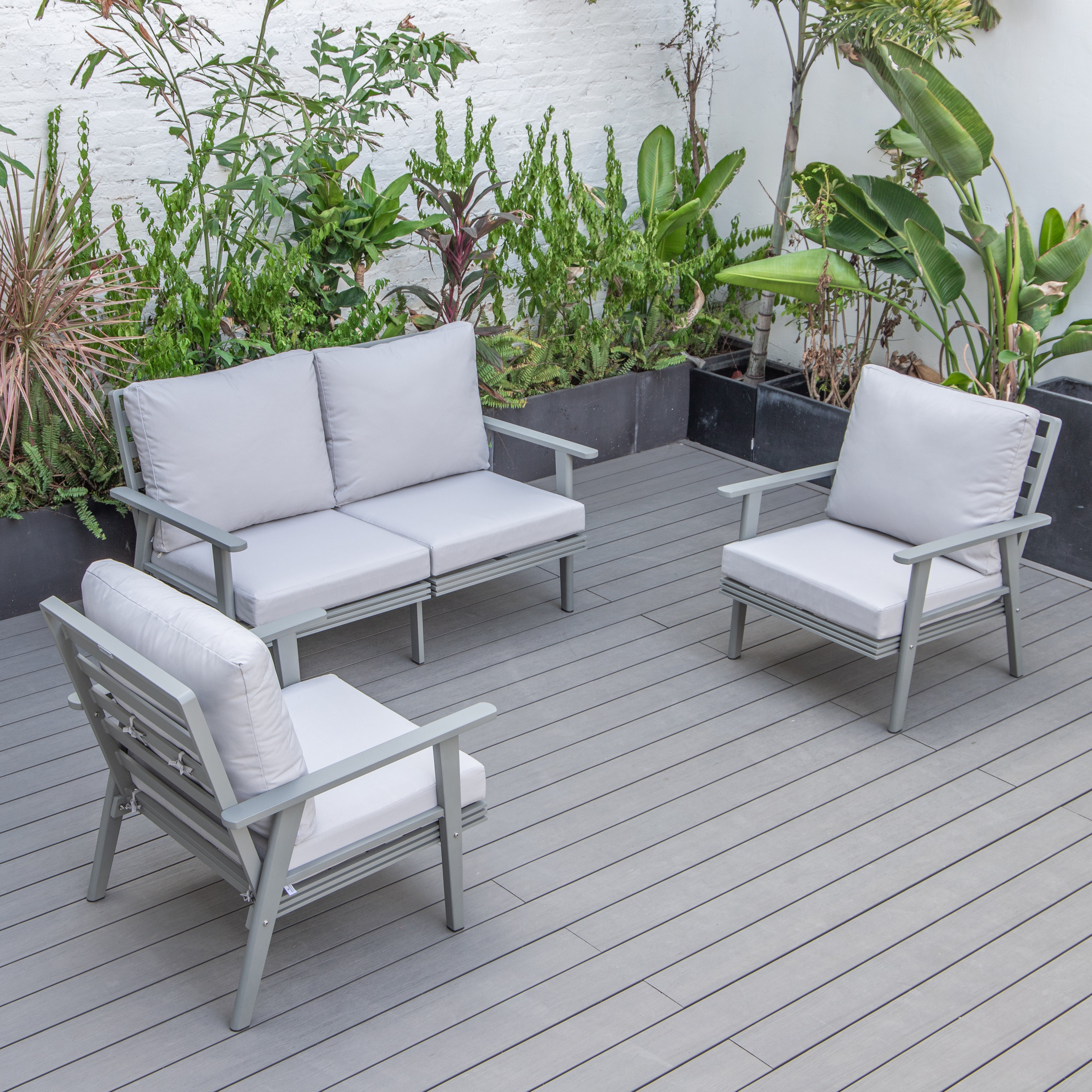 Walbrooke Modern 3-Piece Outdoor Patio Set with Grey Aluminum Frame and Removable Cushions Loveseat and Armchairs for Patio and Backyard Garden