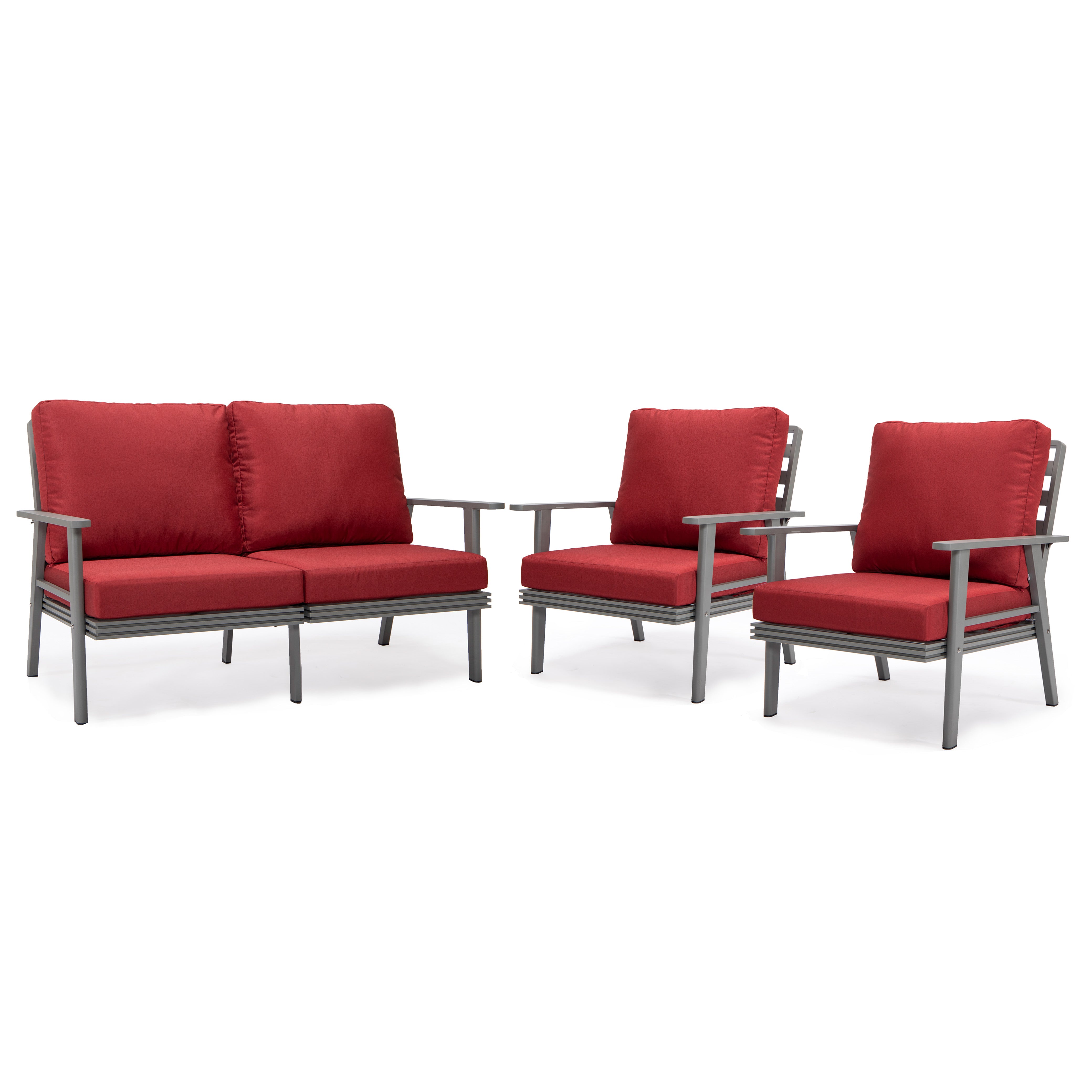 Walbrooke Modern 3-Piece Outdoor Patio Set with Grey Aluminum Frame and Removable Cushions Loveseat and Armchairs for Patio and Backyard Garden