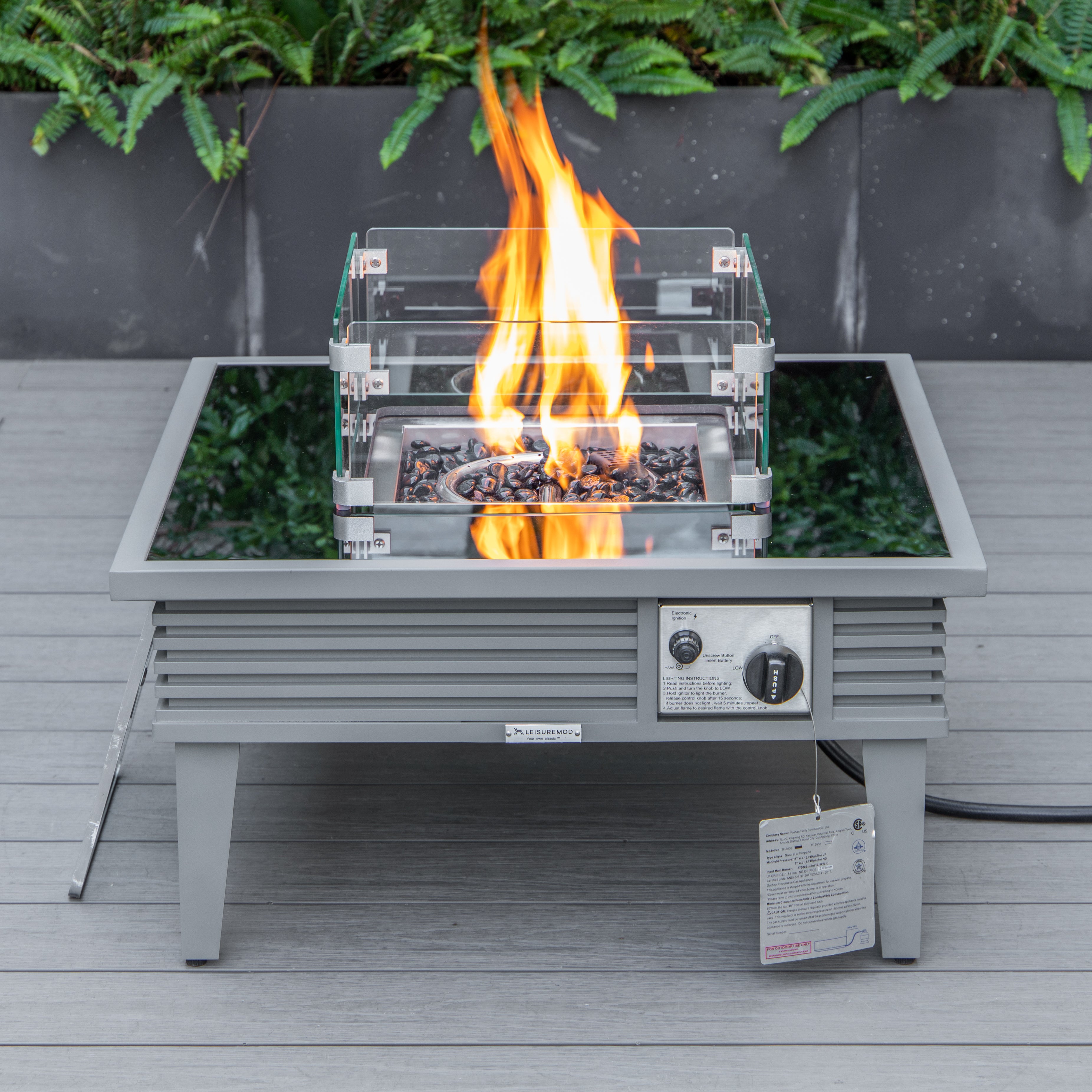 Walbrooke Outdoor Patio Aluminum Square Slats Design Fire Pit Side Table with Lid and Fire Glass for Patio and Backyard Garden