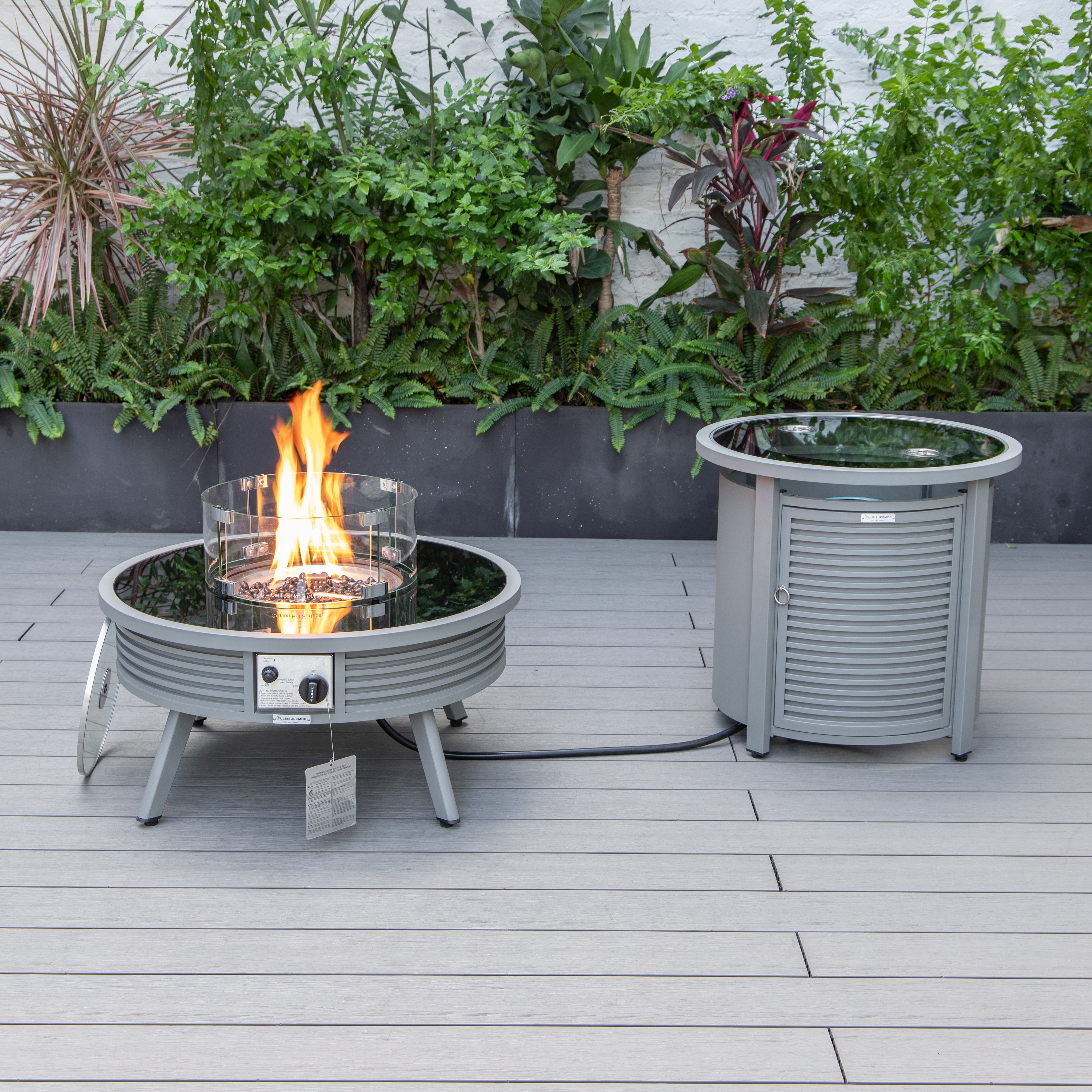 Walbrooke Patio Round Fire Pit and Tank Holder with Slats Design in Black