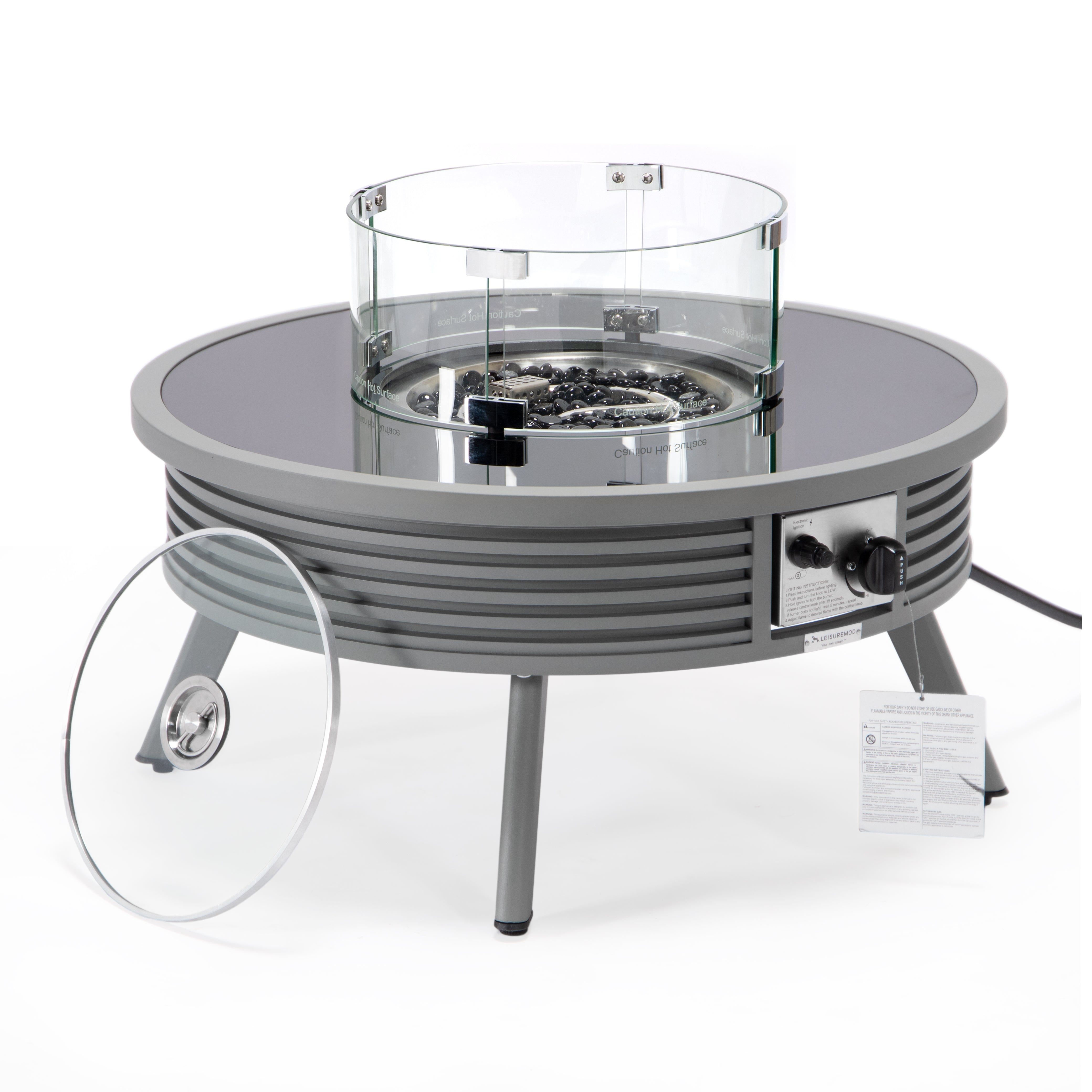 Walbrooke Outdoor Patio Aluminum Round Slats Design Fire Pit Side Table with Lid and Fire Glass for Patio and Backyard Garden