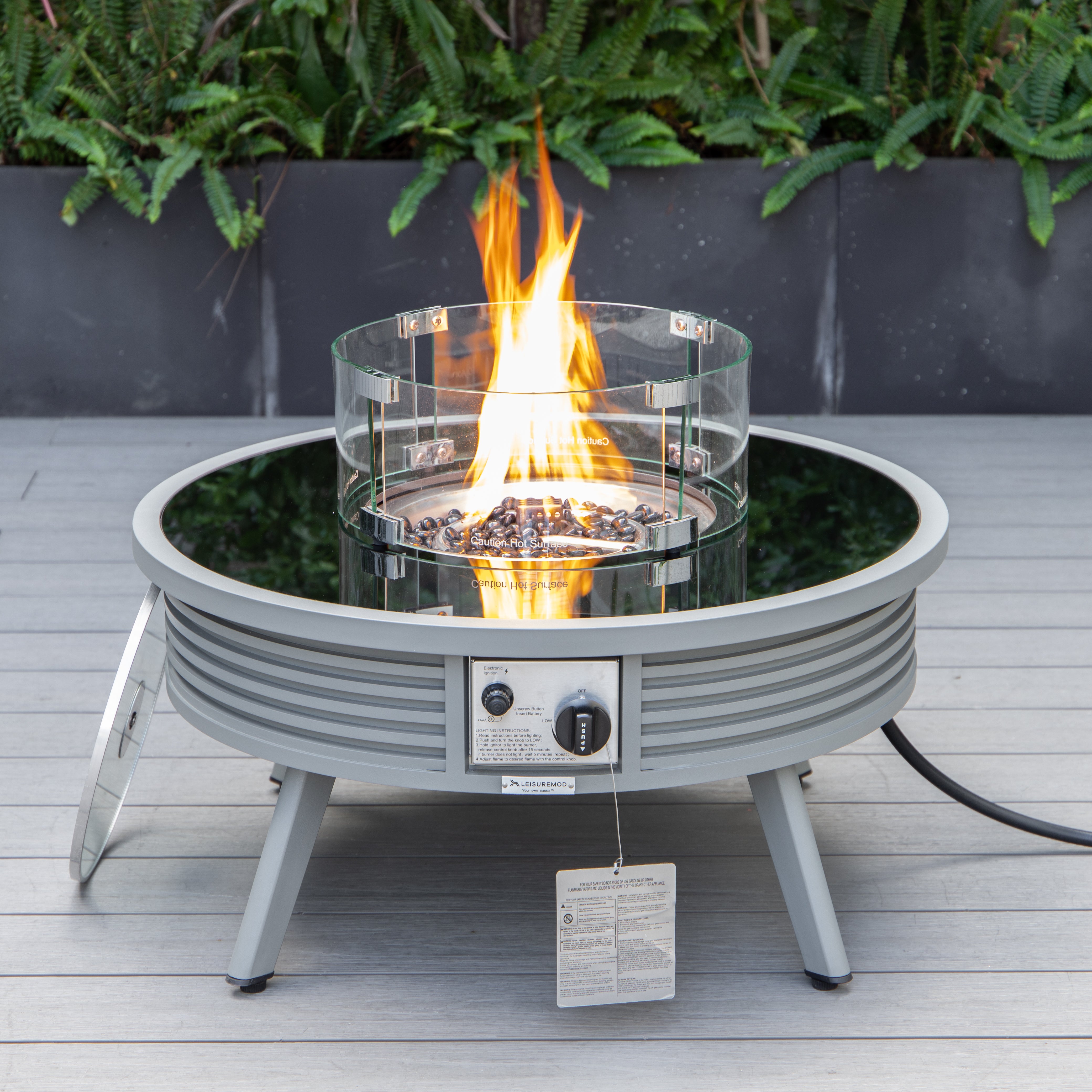 Walbrooke Outdoor Patio Aluminum Round Slats Design Fire Pit Side Table with Lid and Fire Glass for Patio and Backyard Garden