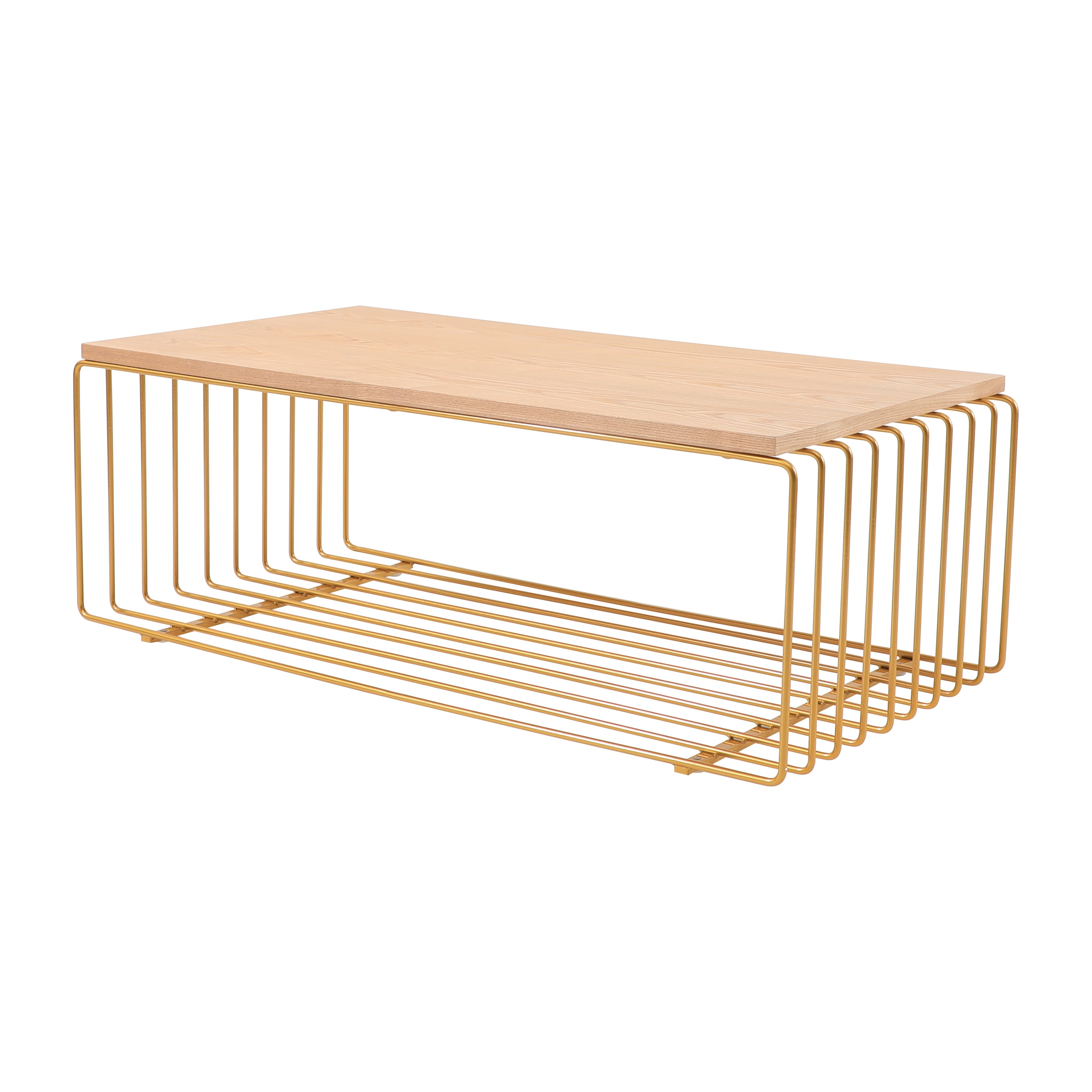 Walden Rectangular Coffee Table with Ash Veneer Top and Powder Coated Steel Frame in Gold