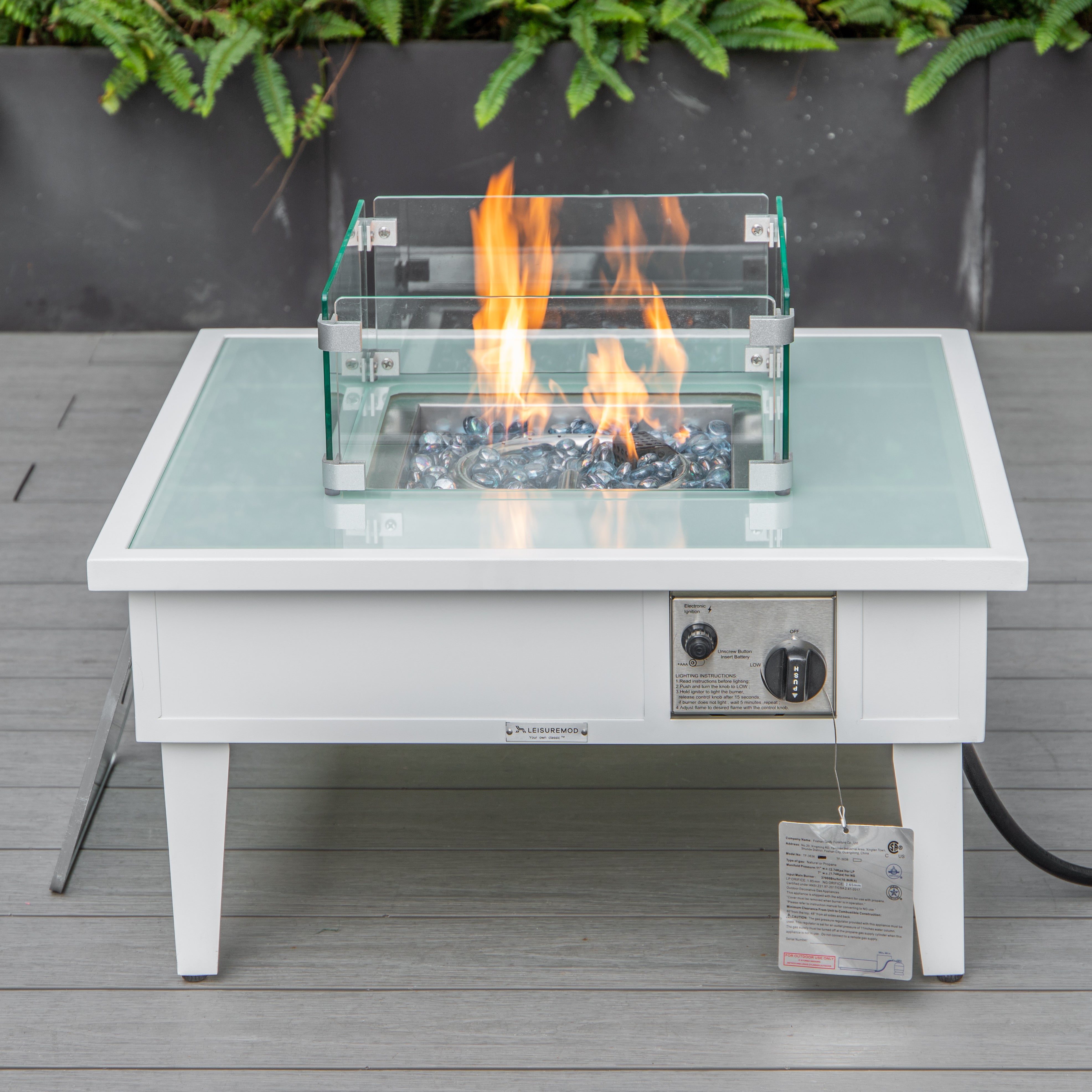 Walbrooke Outdoor Patio Aluminum Square Fire Pit Side Table with Lid and Fire Glass for Patio and Backyard Garden