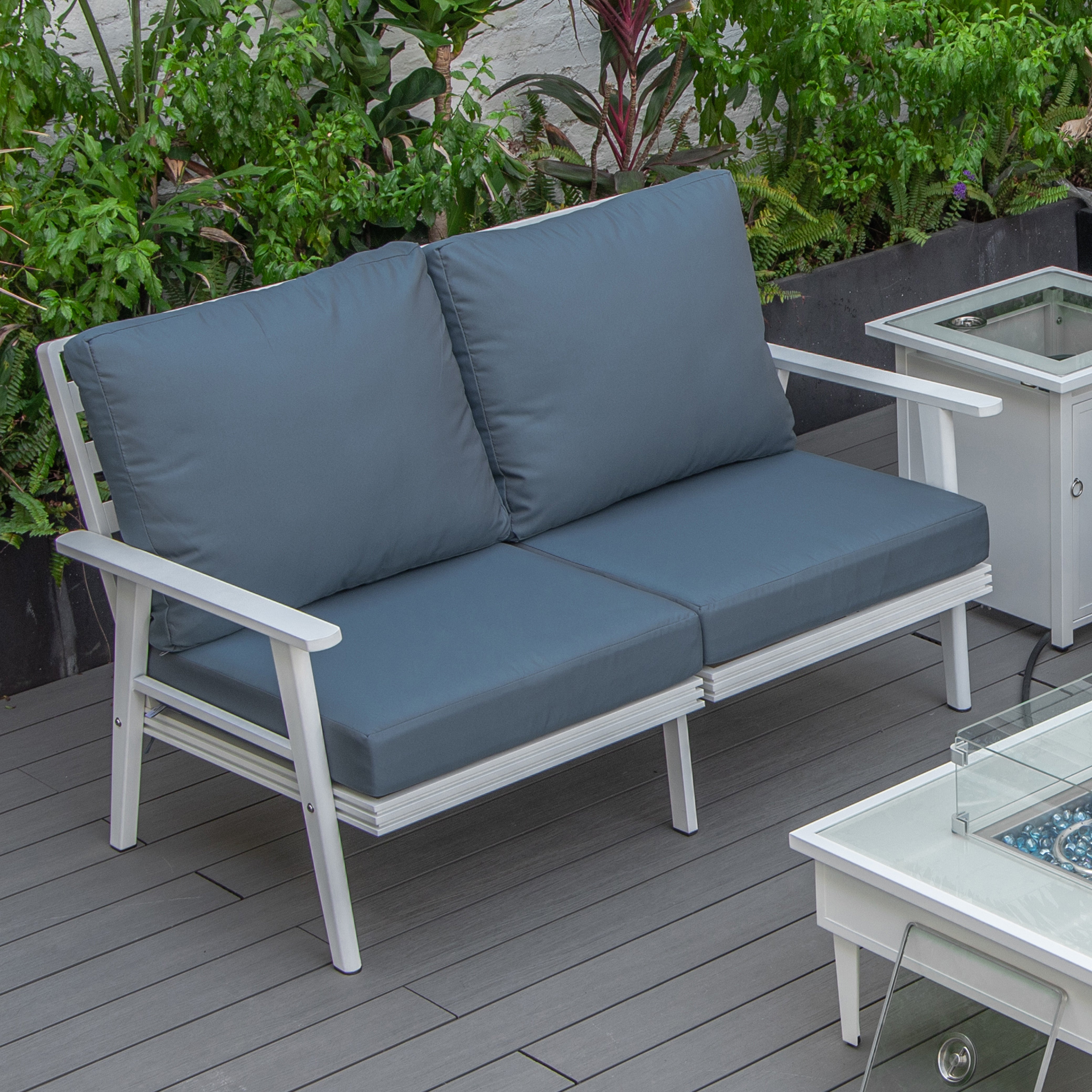 Walbrooke Modern Outdoor Patio Loveseat with White Aluminum Frame and Removable Cushions For Patio and Backyard Garden